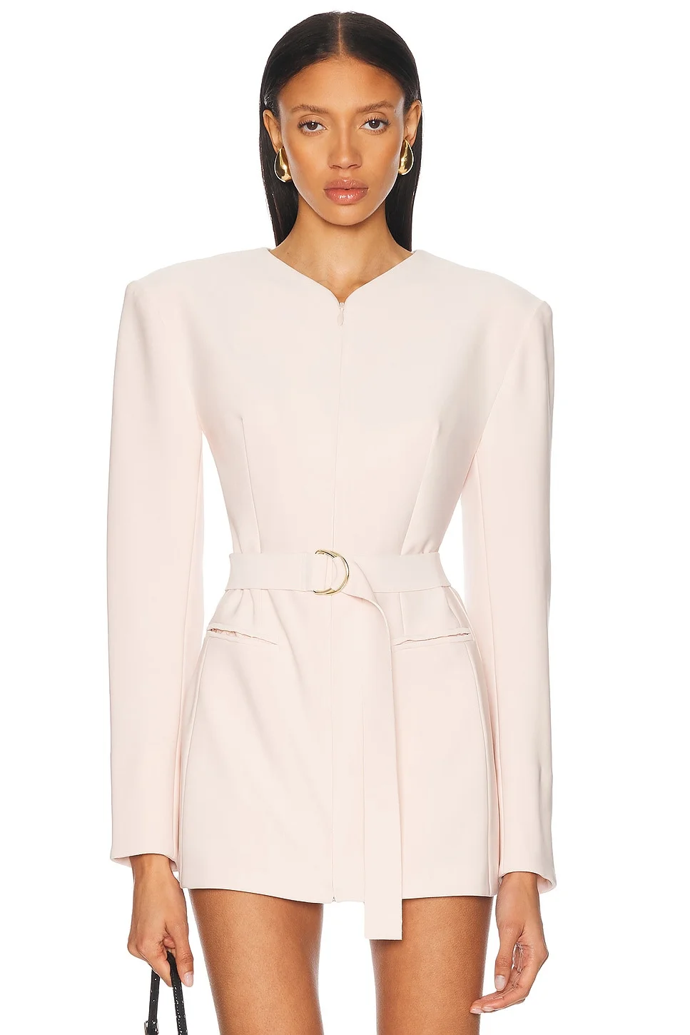 Long Sleeve Shoulder Pad V Neck Zip Front Jacket - 1