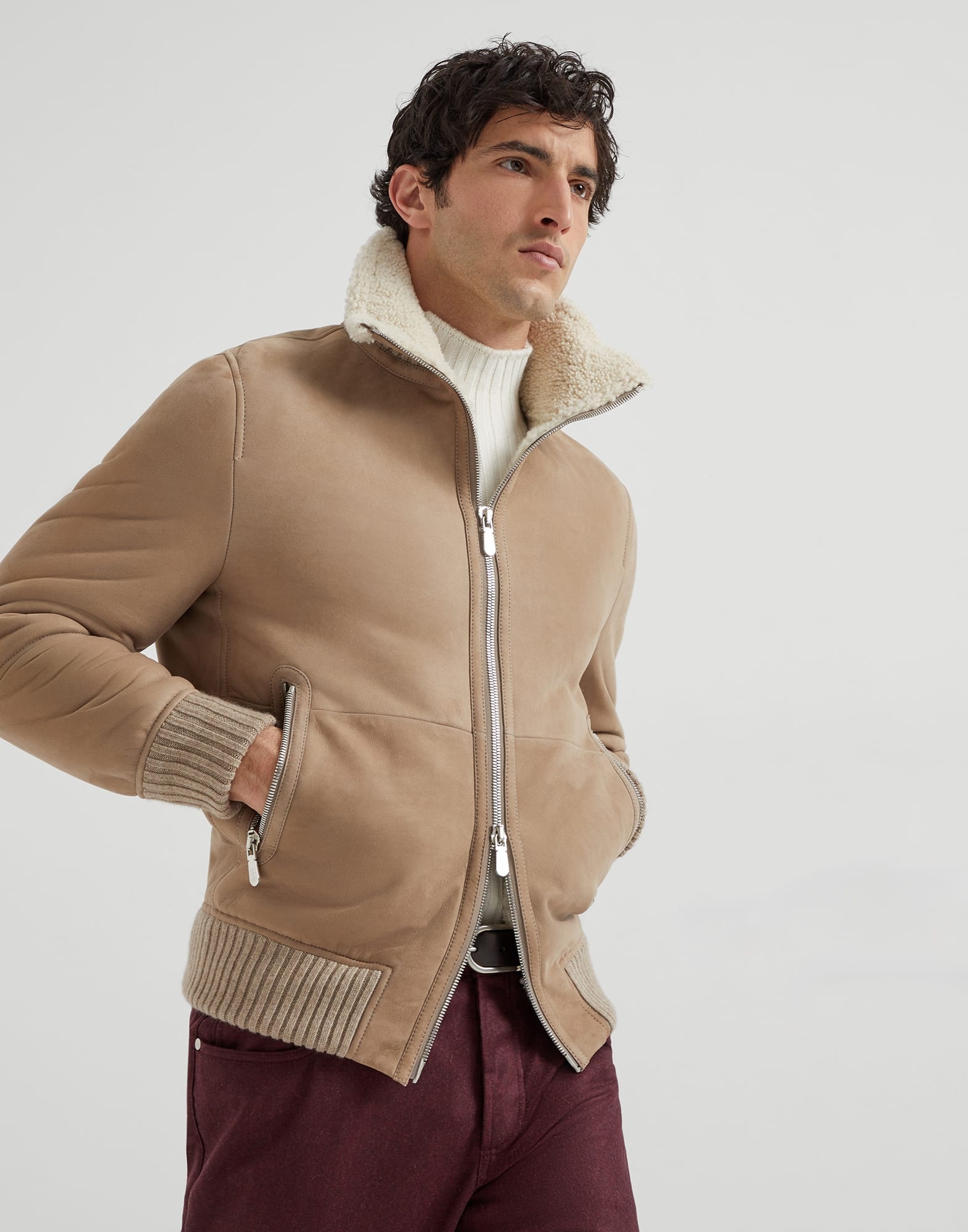 Suede curly shearling bomber jacket with cashmere knit collar - 4