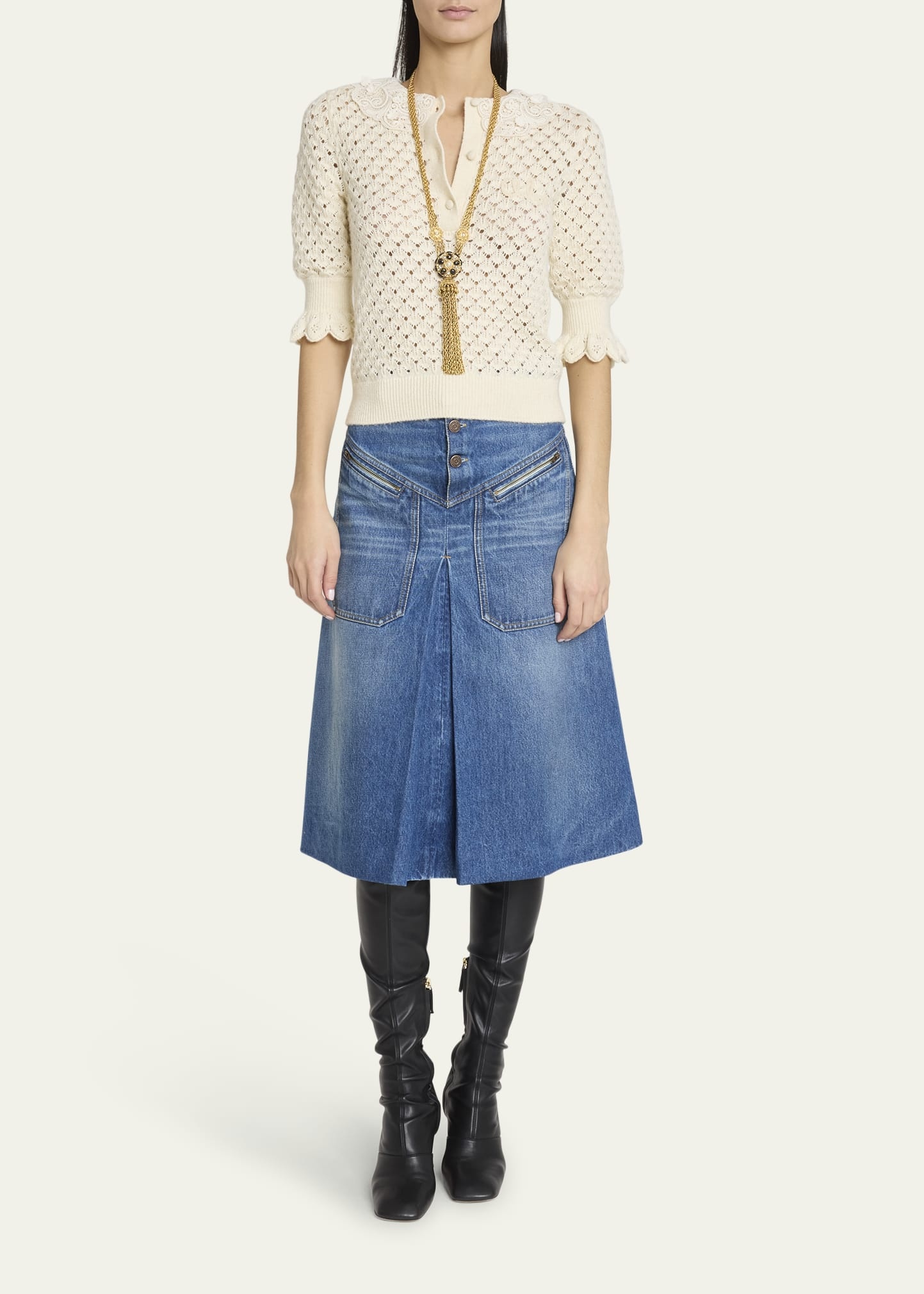 Lace-Collar Open Knit Polo Top - 2