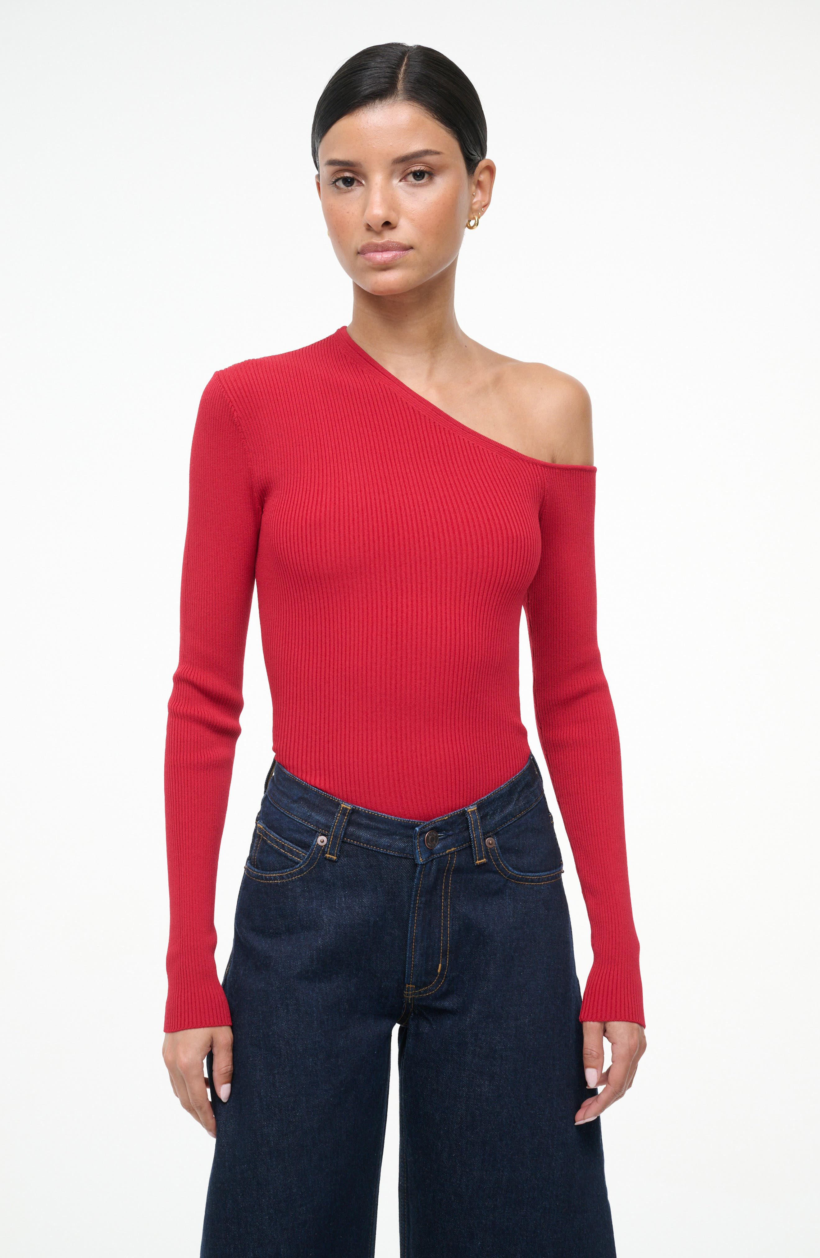 STAUD Lois One Shoulder Rib Top in Rouge at Nordstrom - 5