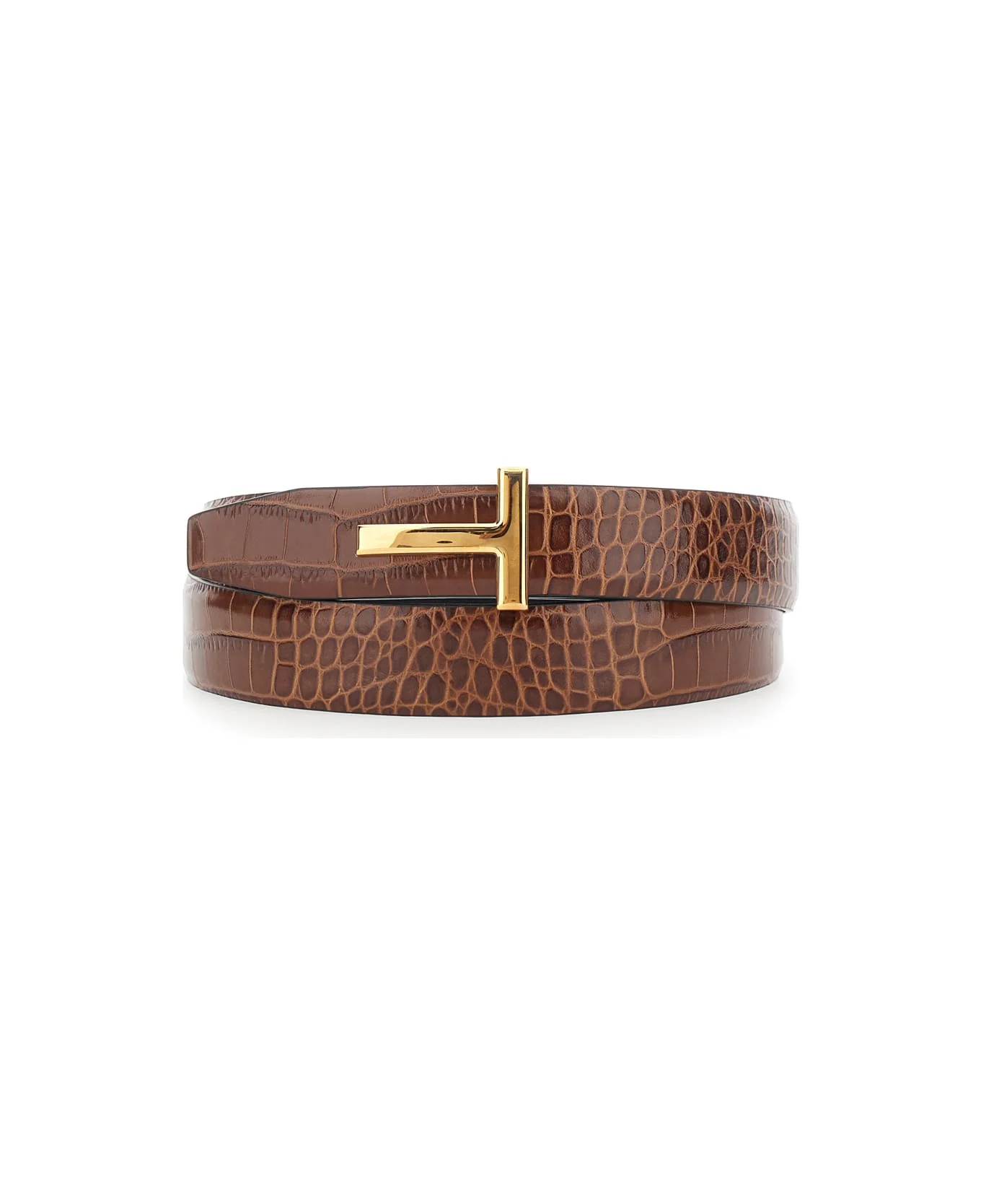 Brown Reversible Belt With T Buckle Closure And Embossed Crocodile Effect In Leather Man - 1