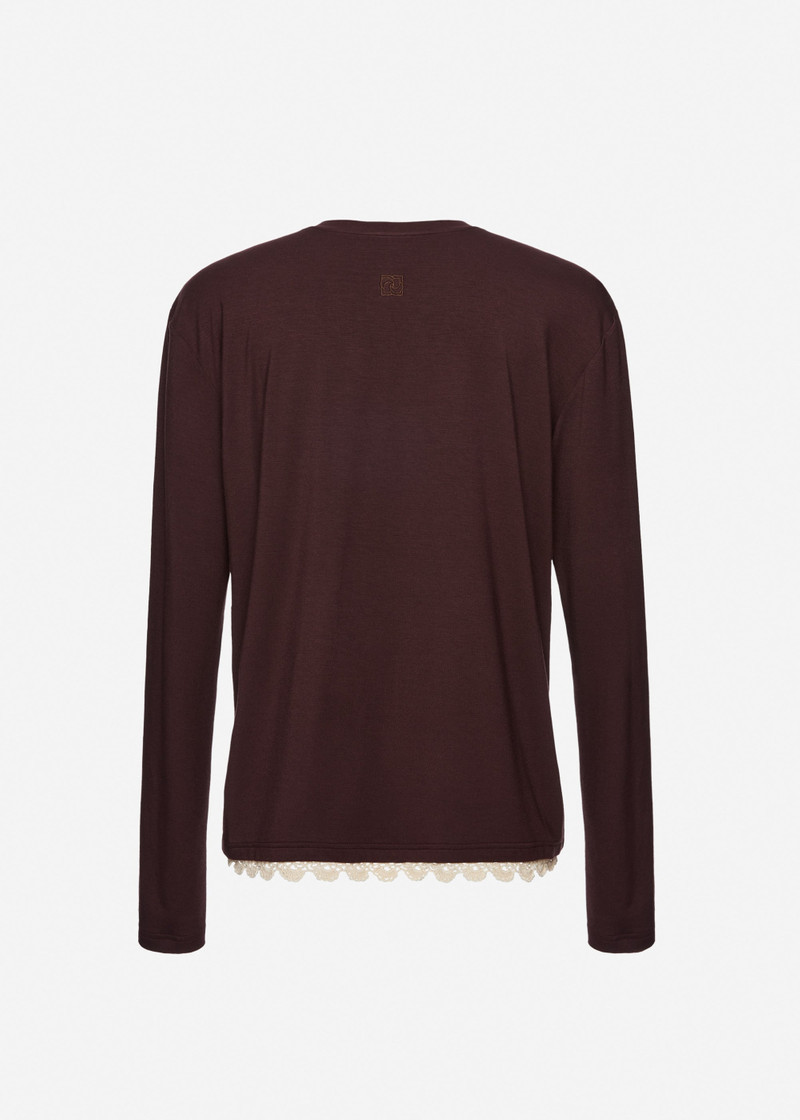 Long-sleeve blouse with crochet hem in brown 2