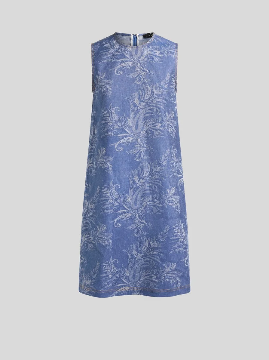 COTTON AND LINEN JACQUARD DENIM MINI DRESS WITH LEAFY PAISLEY MOTIF - 1