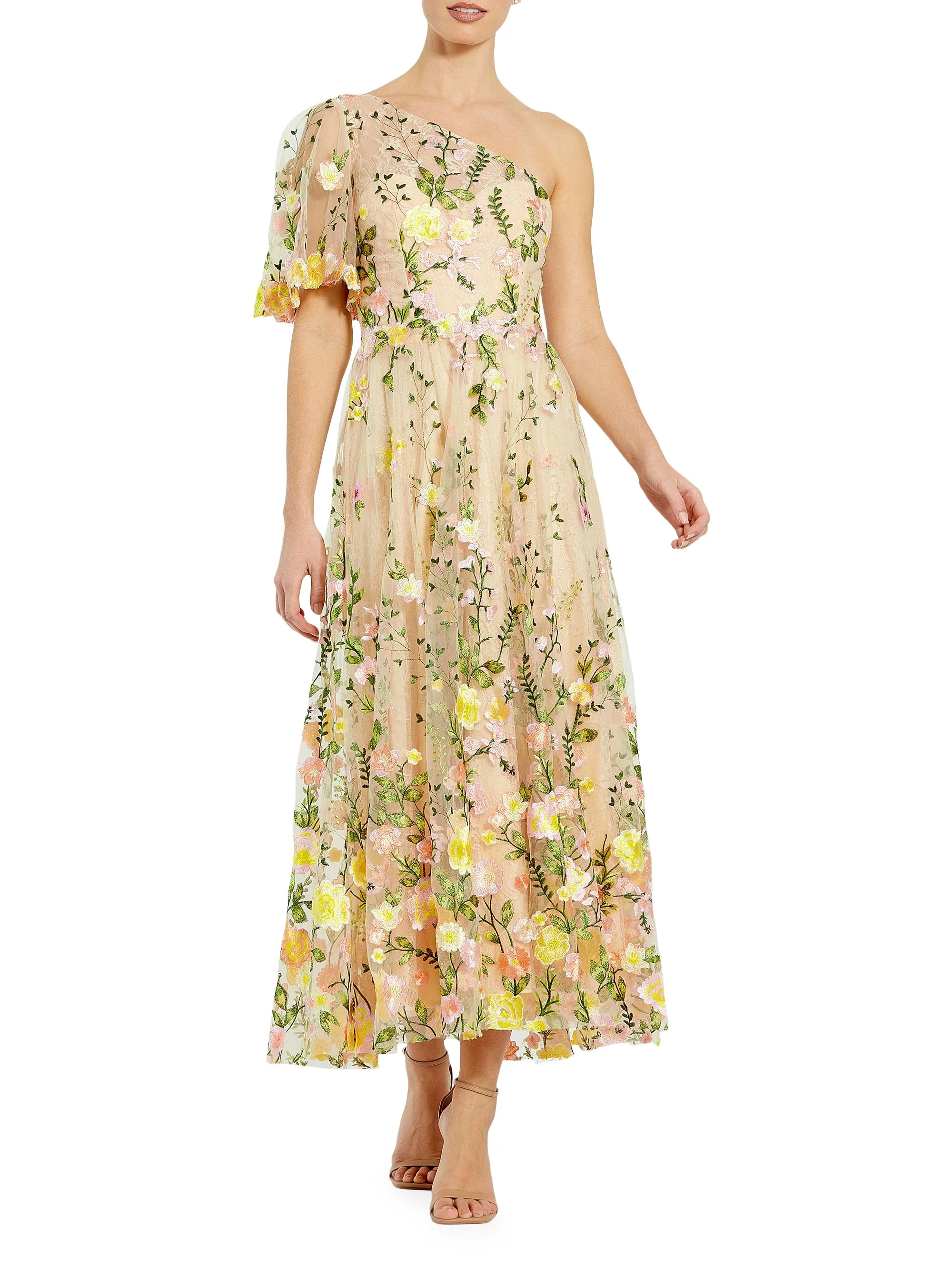 Women's Floral Embroidered One-Shoulder Midi-Dress - Yellow Multi - 1