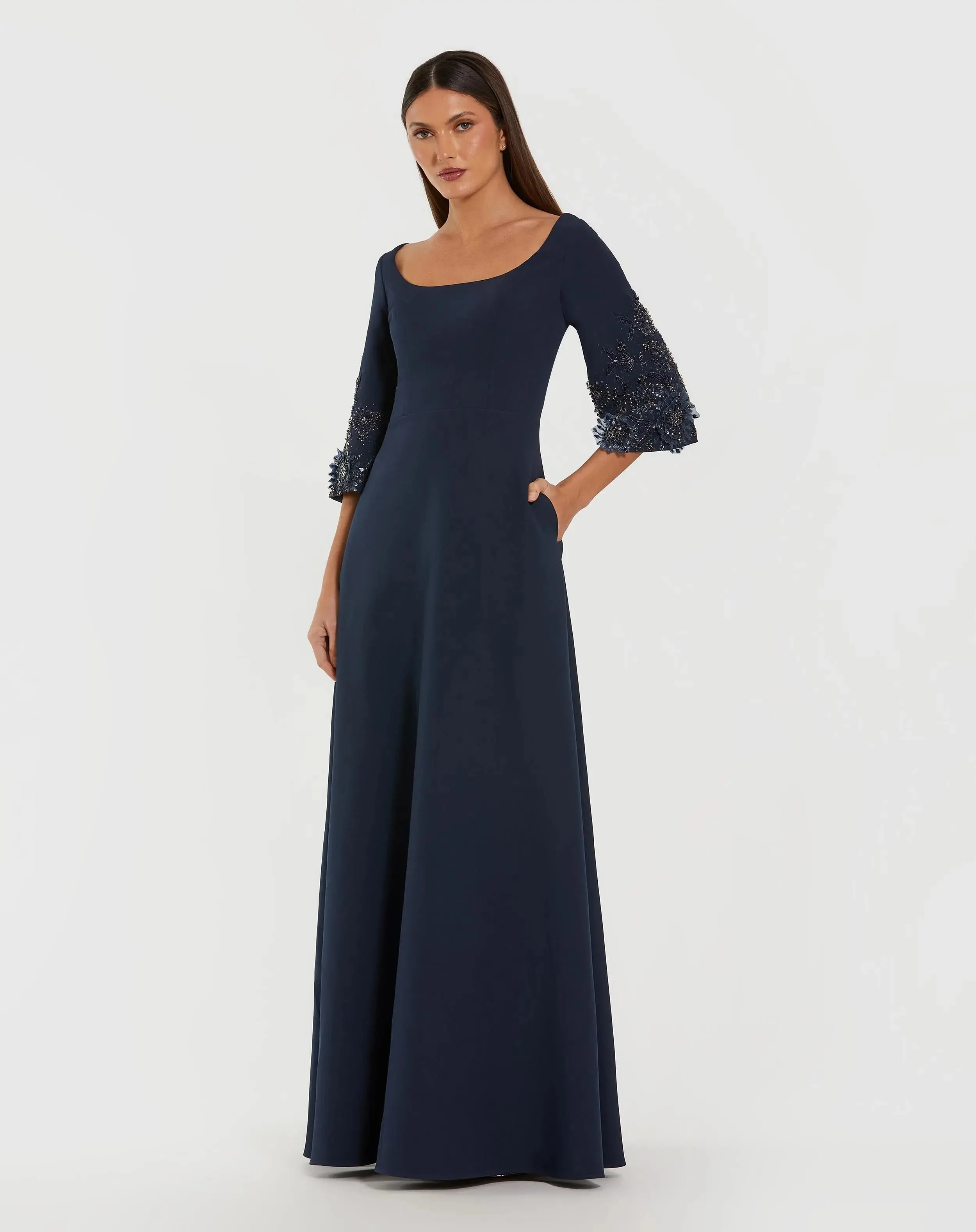Navy Crepe Gown With Floral Embellished Sleeves - 1