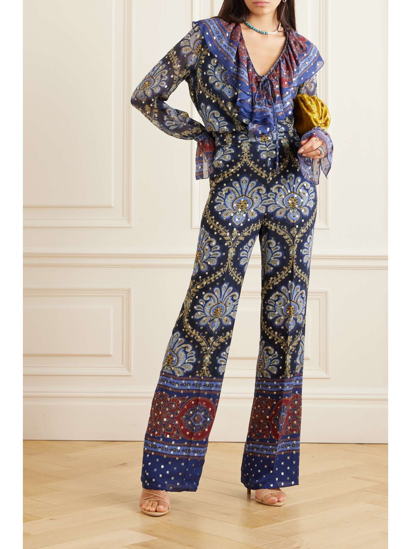 Paisley-print metallic fil coupé silk-blend wide-leg pants - 2