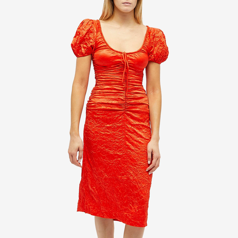 GANNI GANNI Crinkled Satin Gathered U-neck Midi Dress outlook