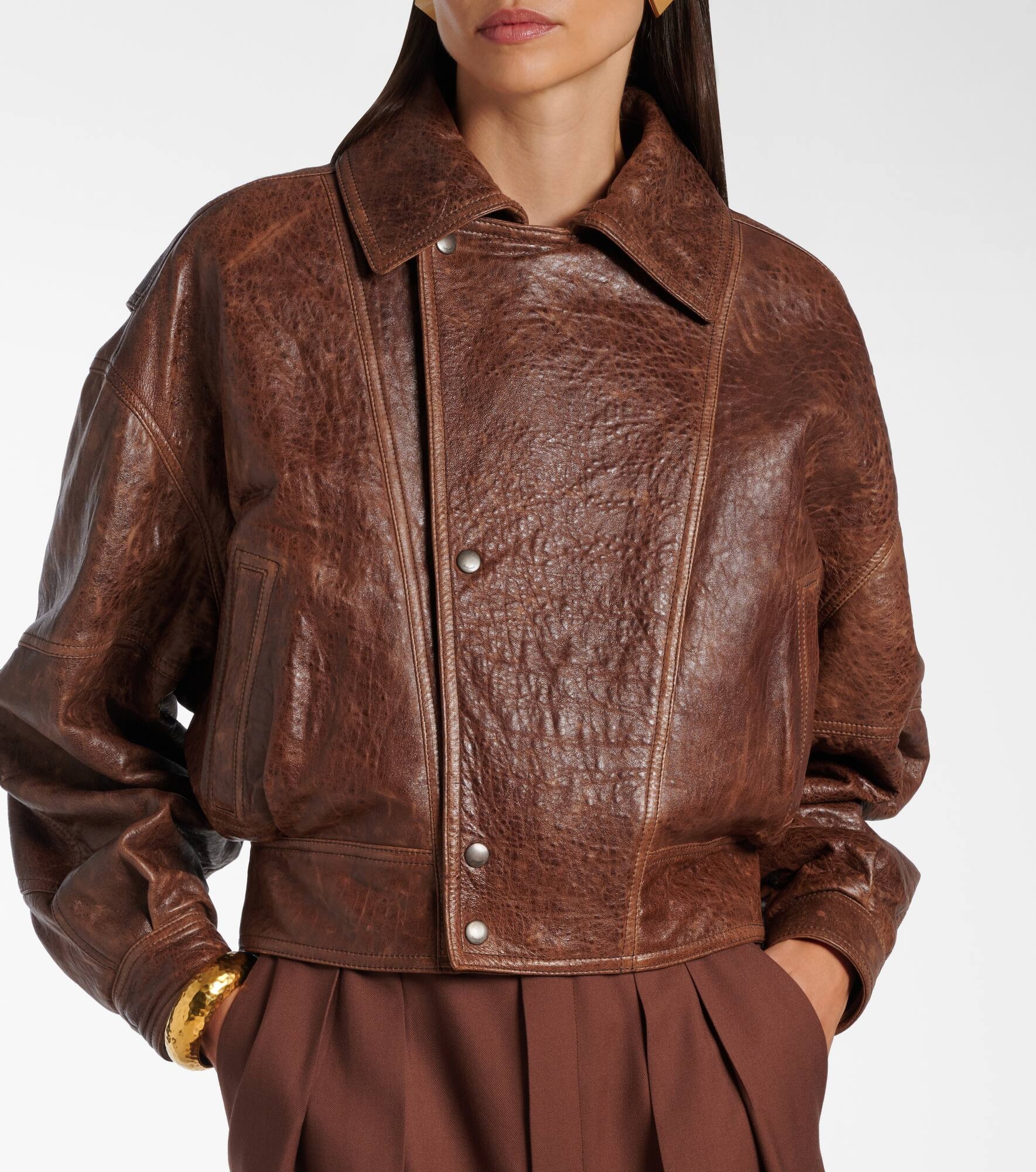 Double-breasted leather bomber jacket - 6