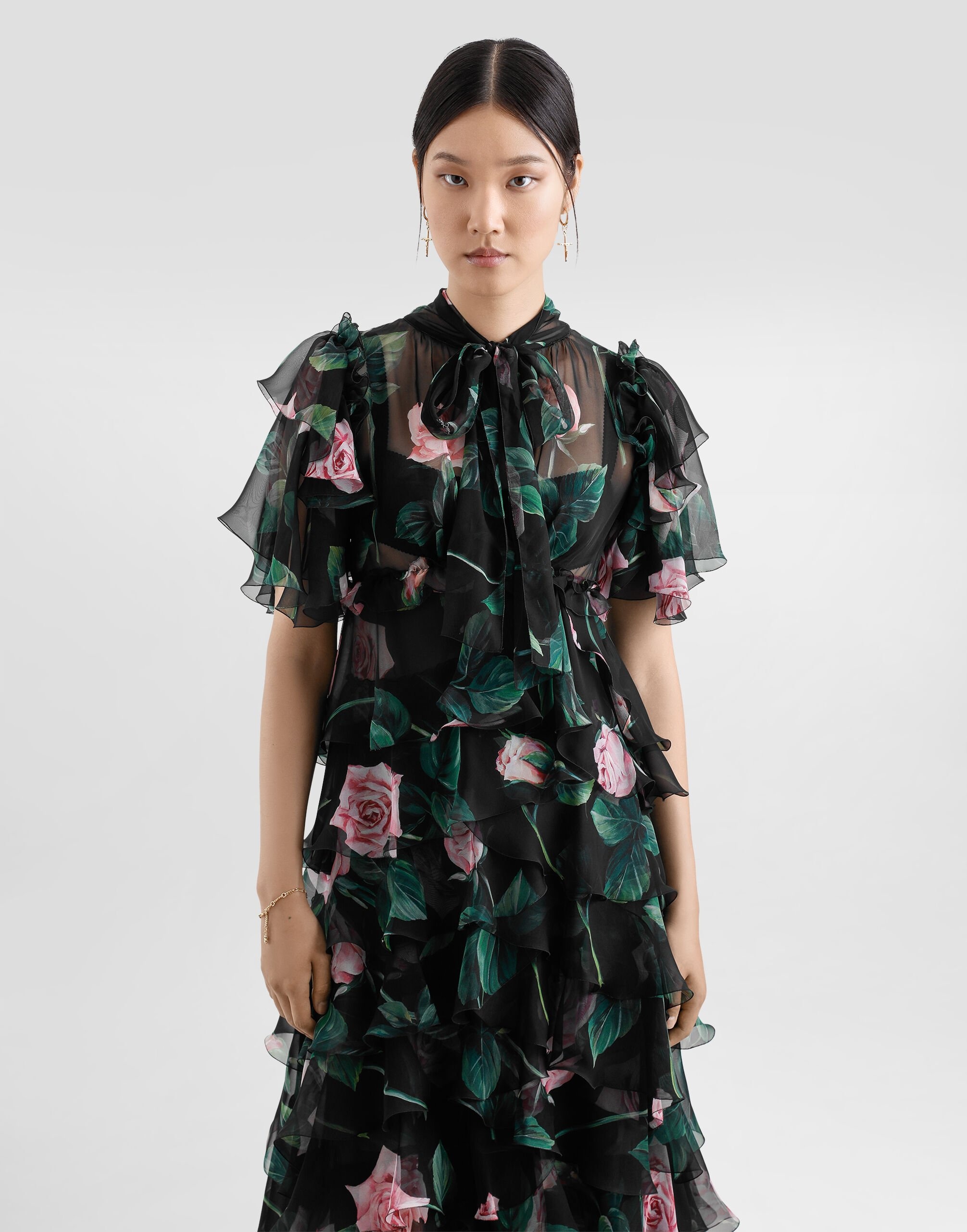 Rose-print chiffon calf-length dress with ruffles and flounces - 4
