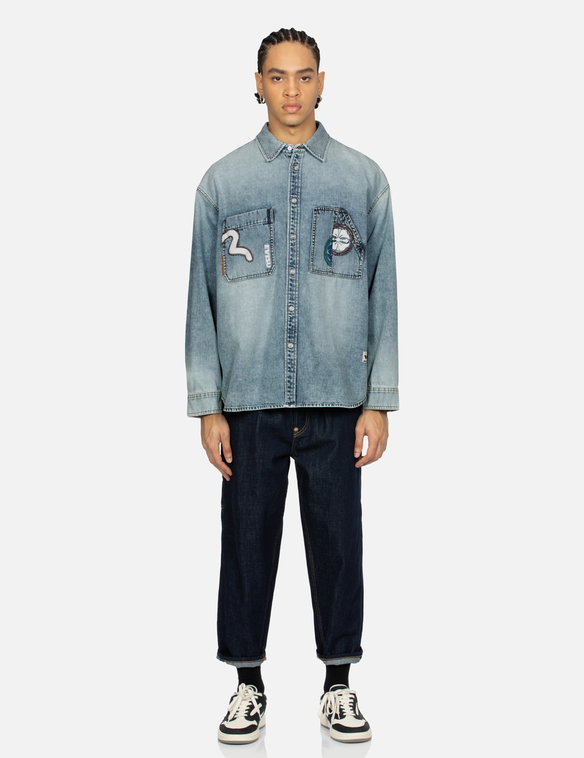 HAND-STITCHED AND MULTI-PRINT LOOSE FIT DENIM SHIRT - 5