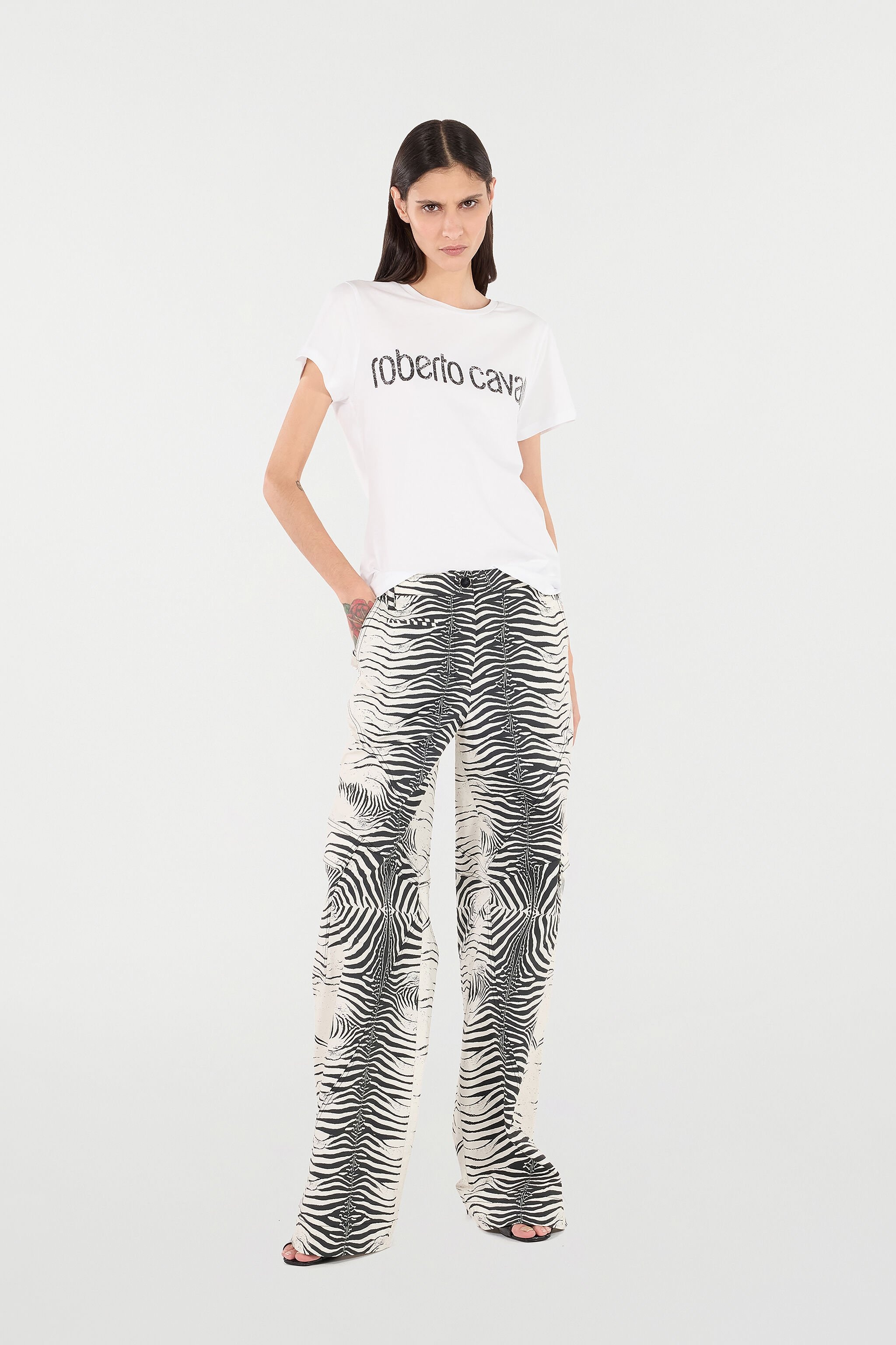 Stretch Cotton Pants With White Tigress Print - 2