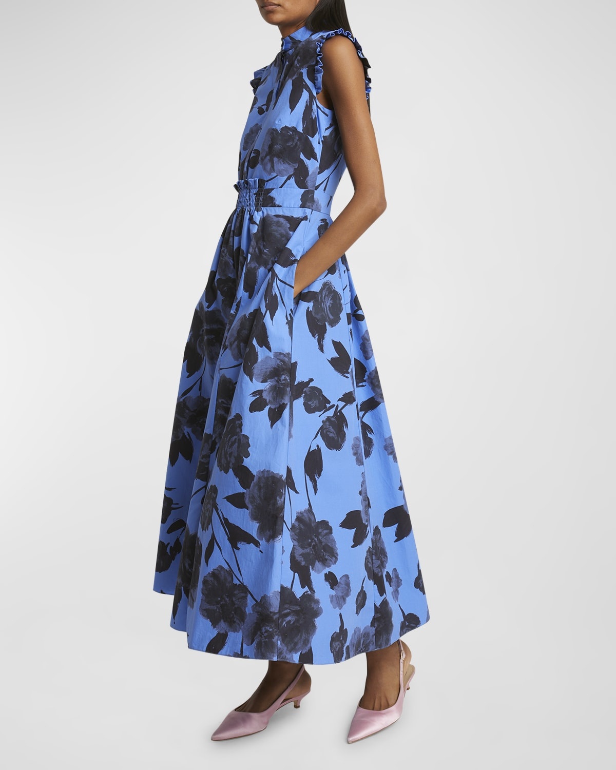 Sleeveless Floral Cotton Midi Dress With Full Skirt - 7