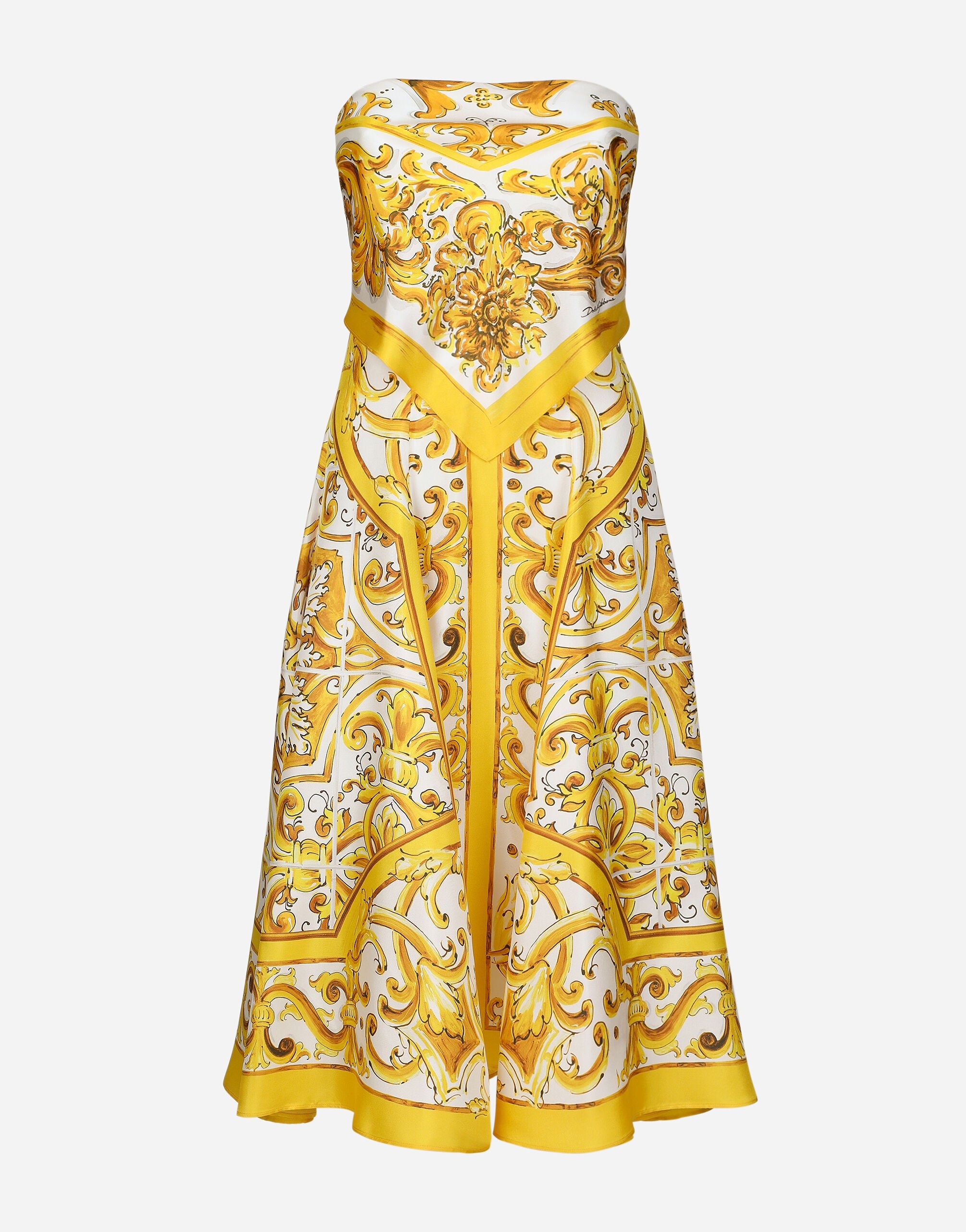 Midi dress with foulard effect in majolica-print silk charmeuse - 1