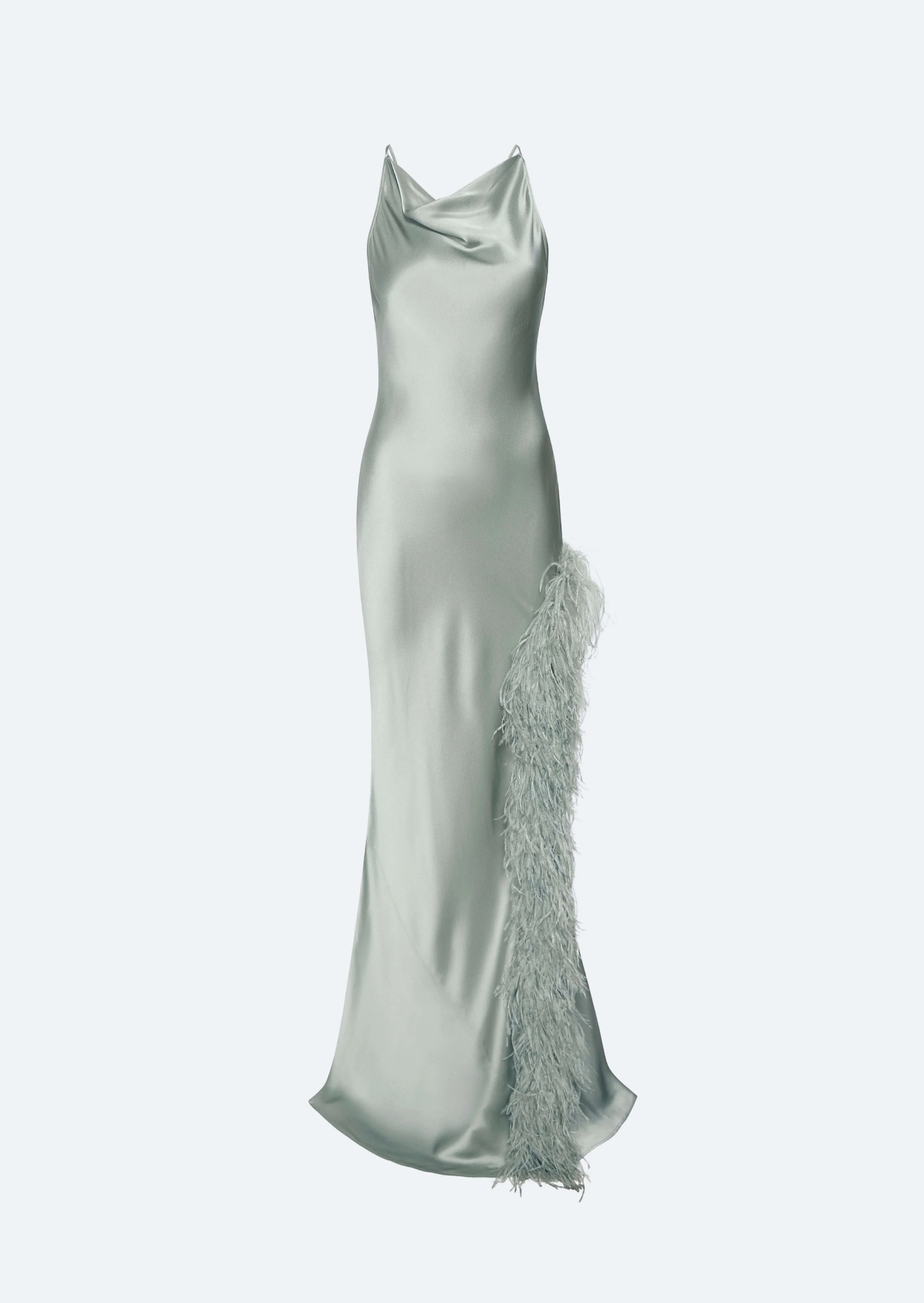 Satin Halter Gown With Feathers - 1