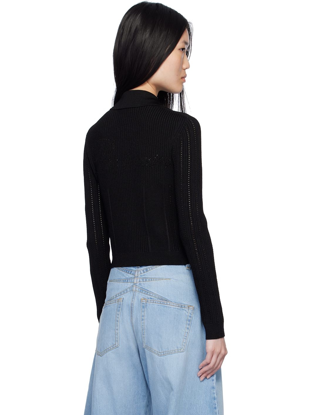 Black Cropped Ribbed Knit Cardigan - 3