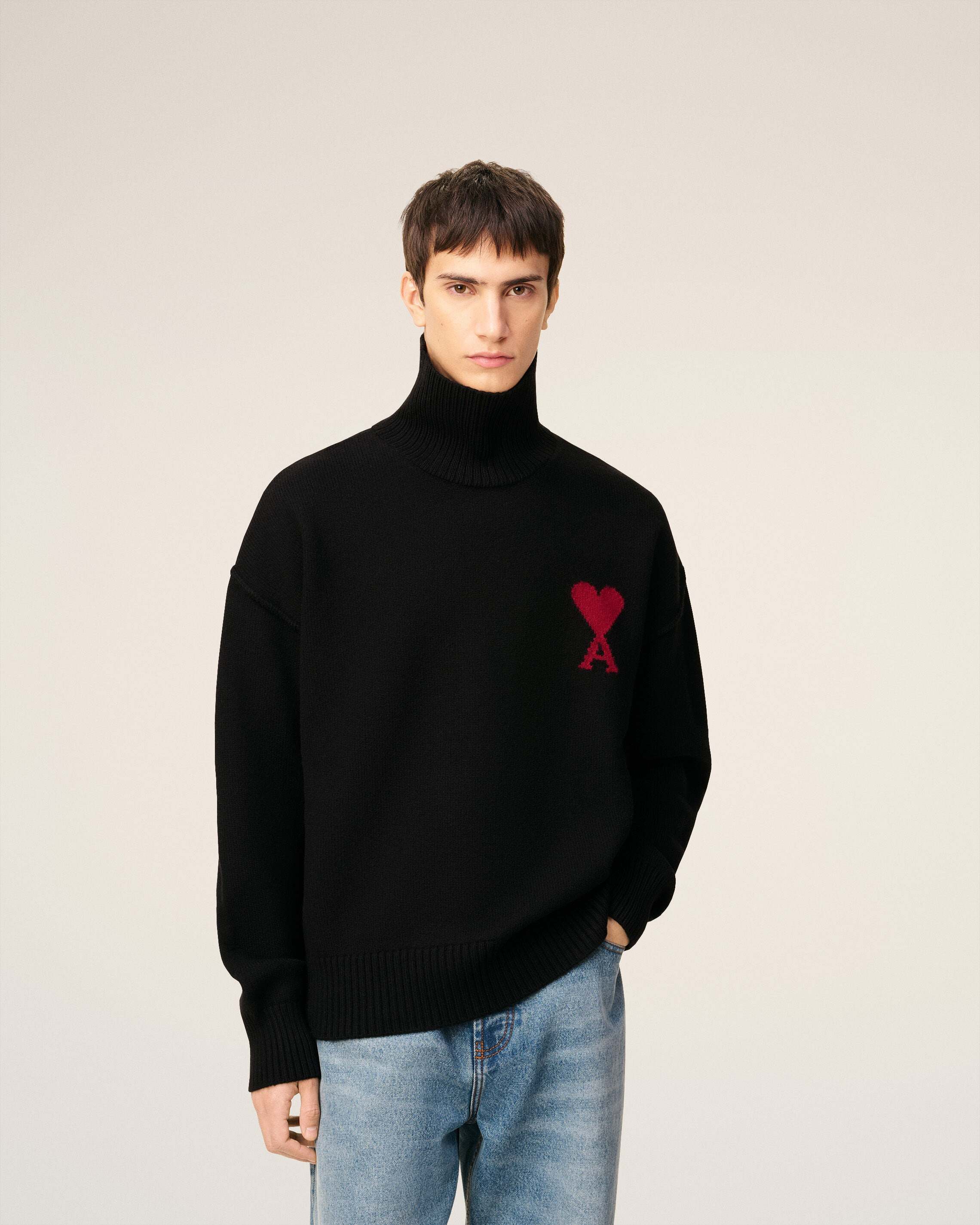 BLACK WOOL AMI DE COEUR FUNNEL NECK SWEATER - 3
