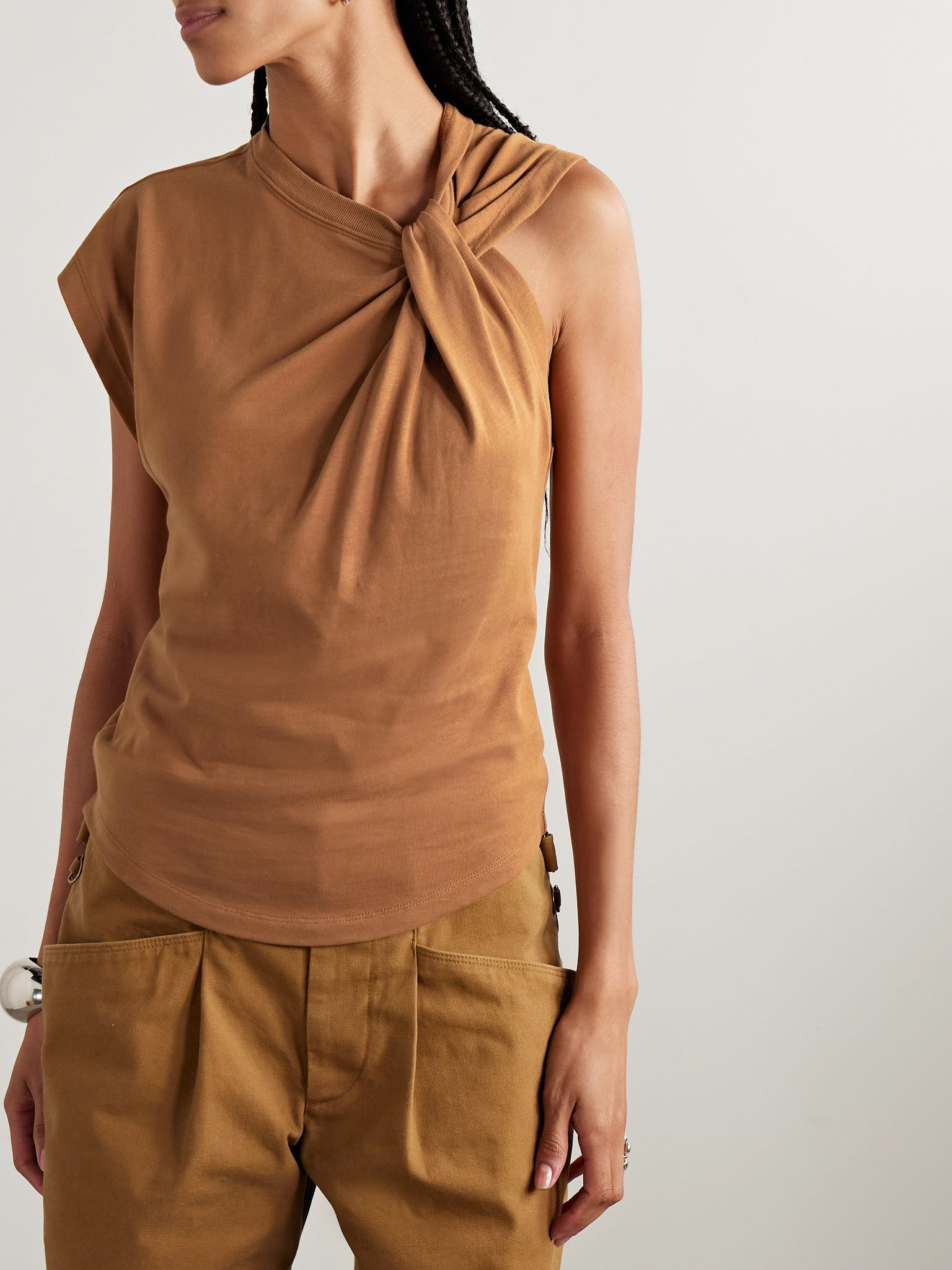 Nayda knotted cotton-jersey top Light brown - 3