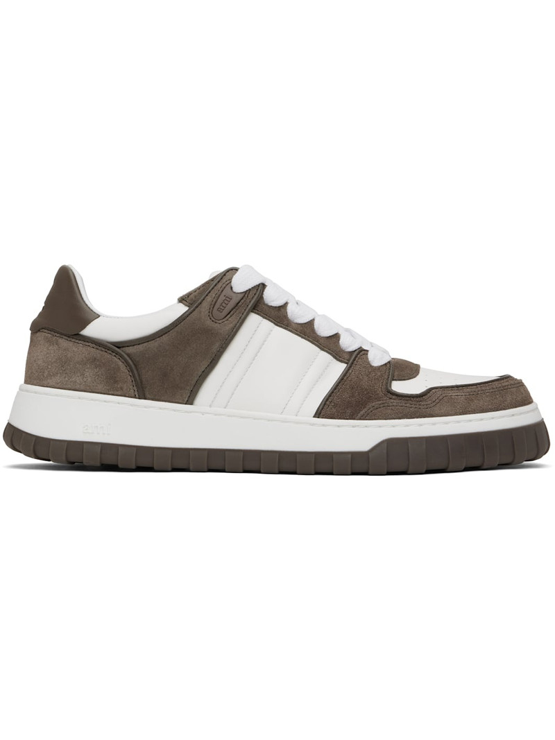 White & Taupe Leather Low Top Walk Sneakers 1