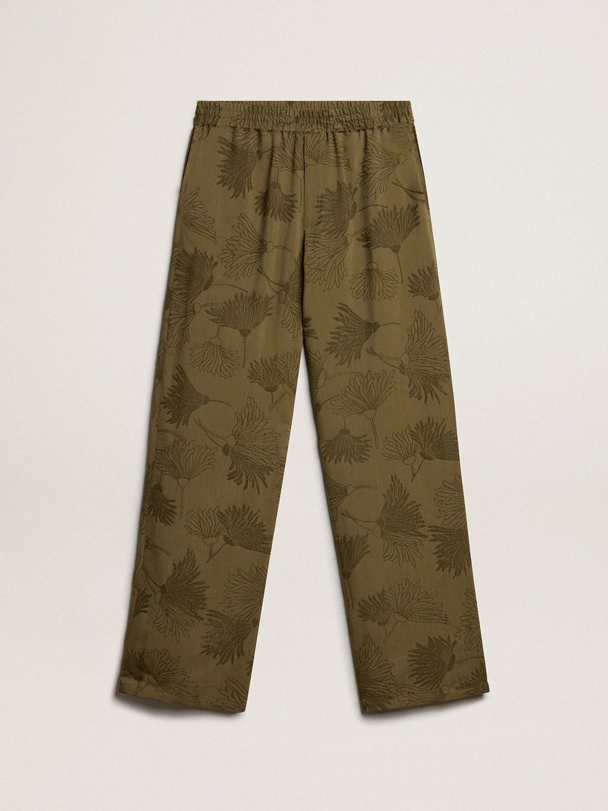 Women's olive-colored viscose-cotton blend pants with floral pattern - 1