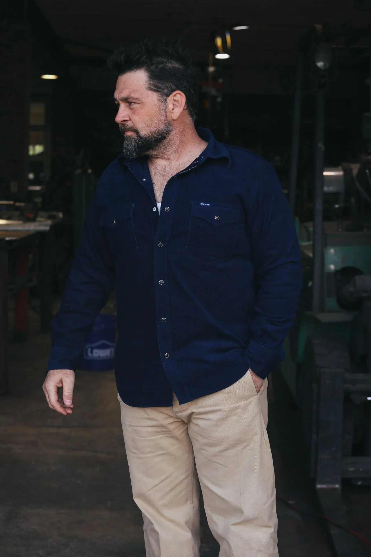 IHSH-438-IND IRON HEART 7.5OZ SELVEDGE CORDUROY WESTERN SHIRT - INDIGO - 1