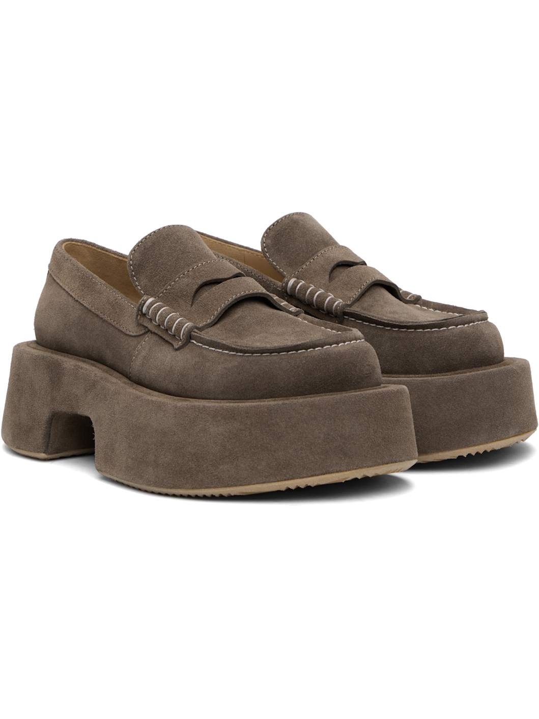 Taupe Suede Platform Slip-on Loafers - 4