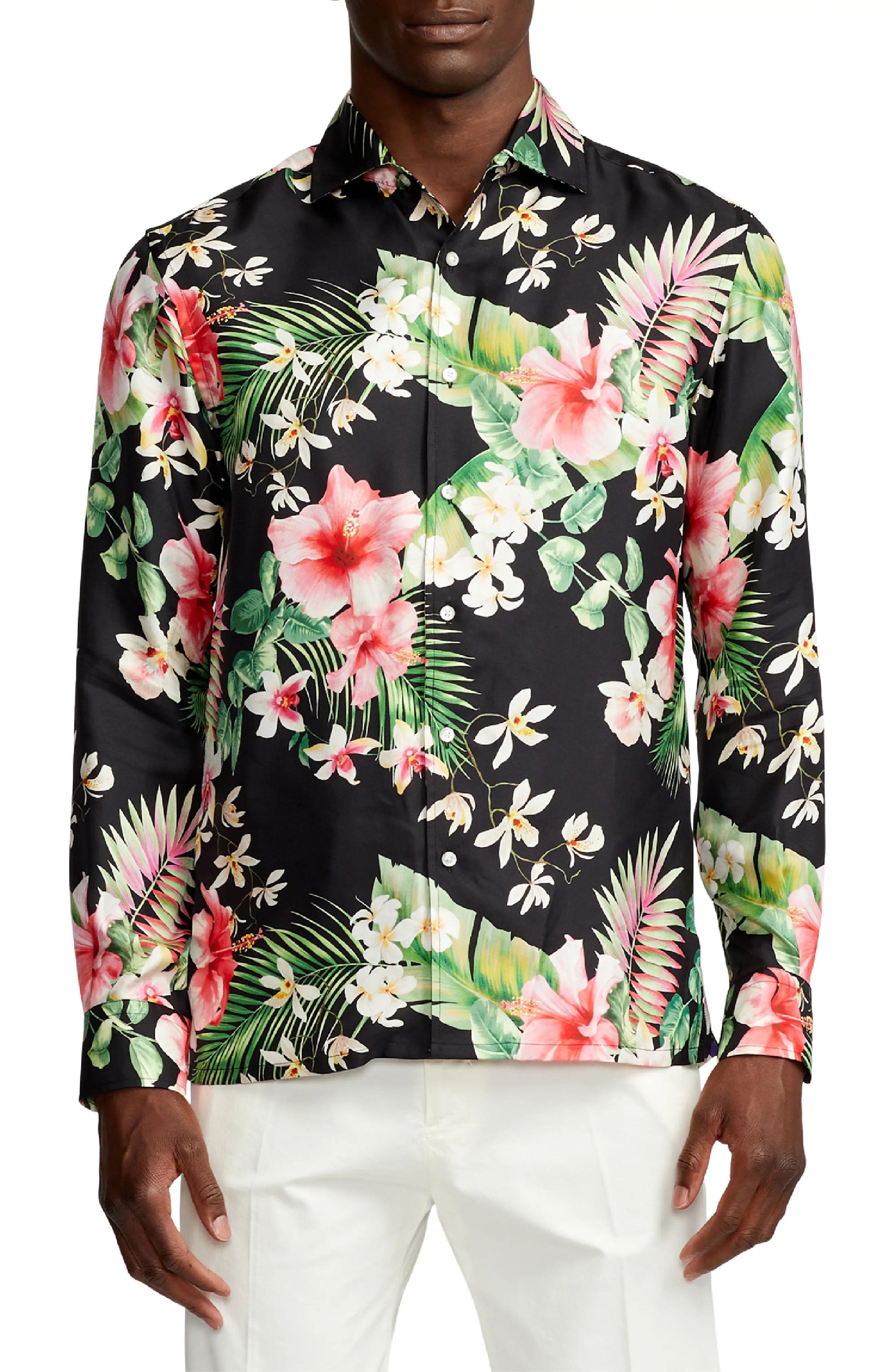 Tropical Floral Silk Button-Up Shirt - 1