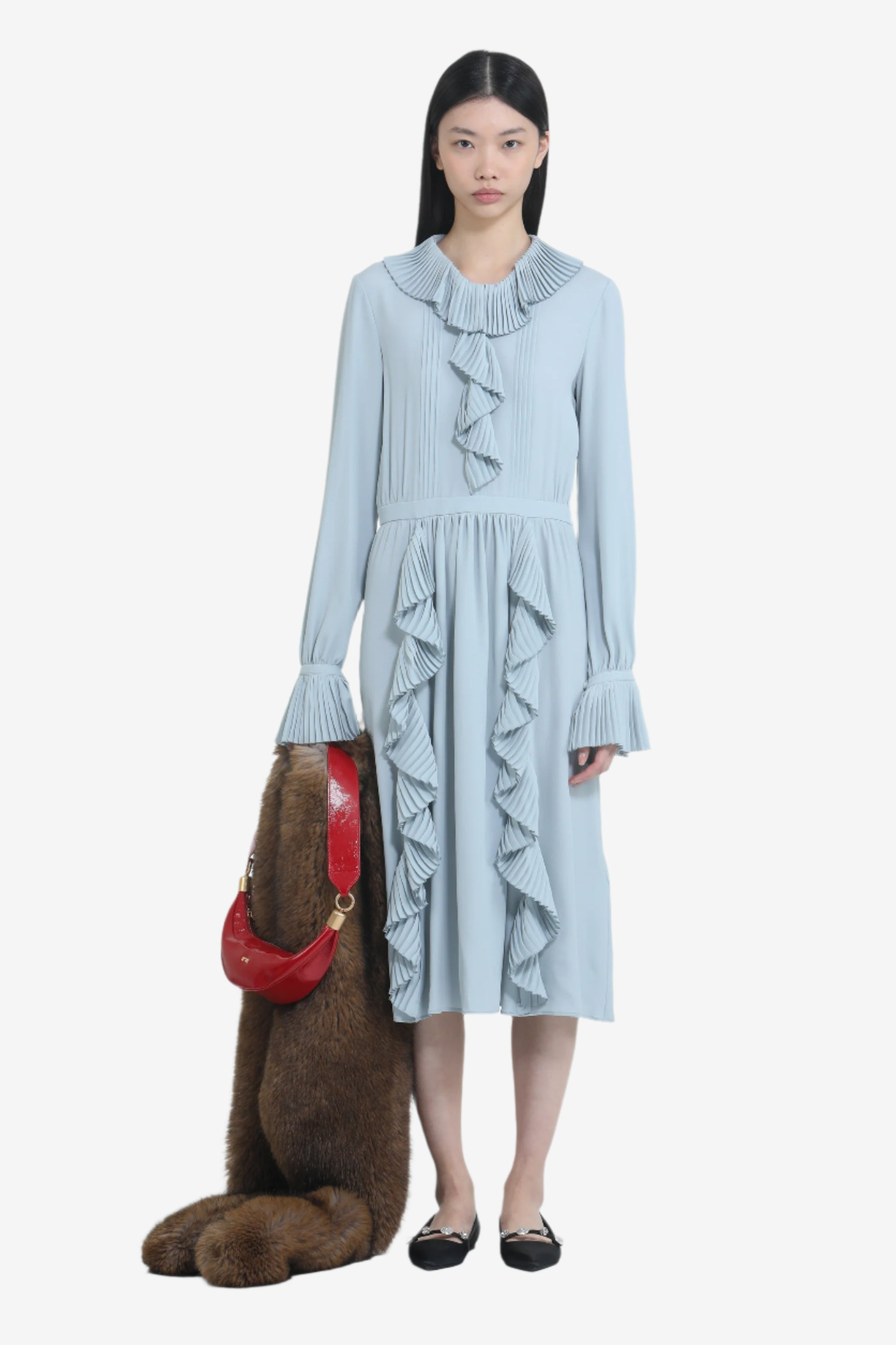 BELOW-THE-KNEE DRESS WITH RUFFLES AND PLEATED COLLAR - 4
