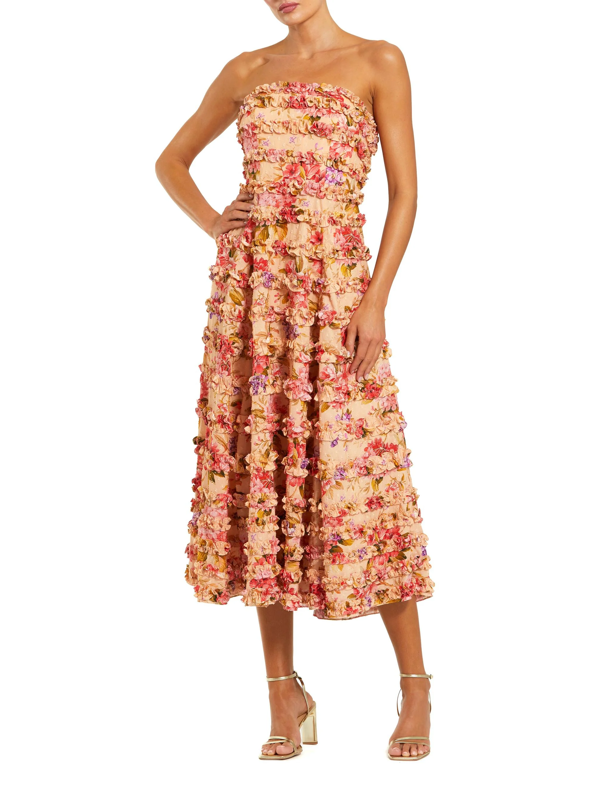 Women's Ruffled Strapless Midi-Dress - Pink Multi - 1