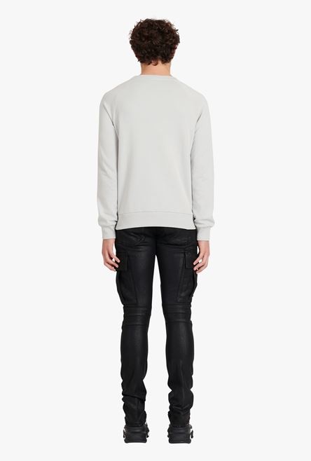 Light gray eco-designed cotton sweatshirt with black Balmain Paris metallic logo print - 3