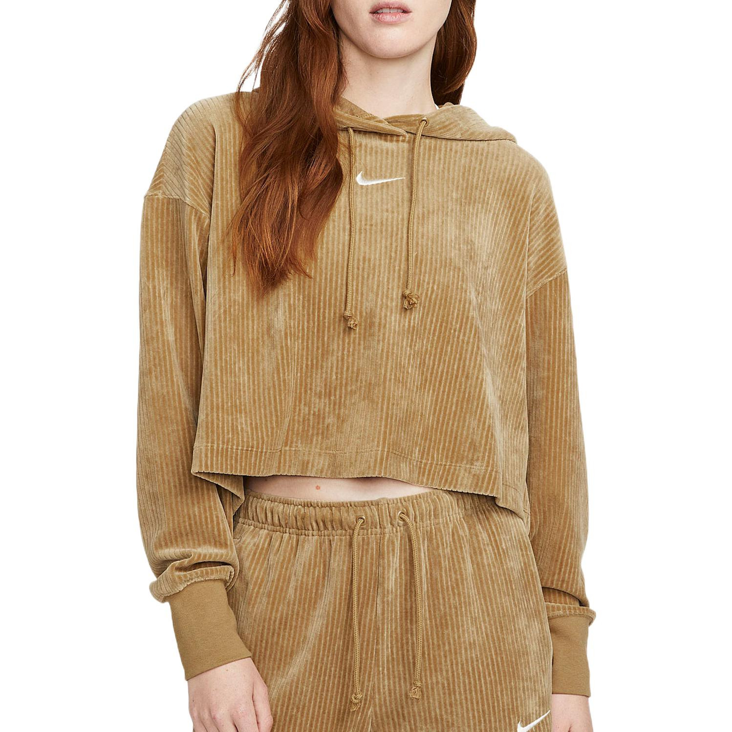 (WMNS) Nike Sportswear Velour Cropped Pullover Hoodie 'Tan' DQ5928-258 - 3