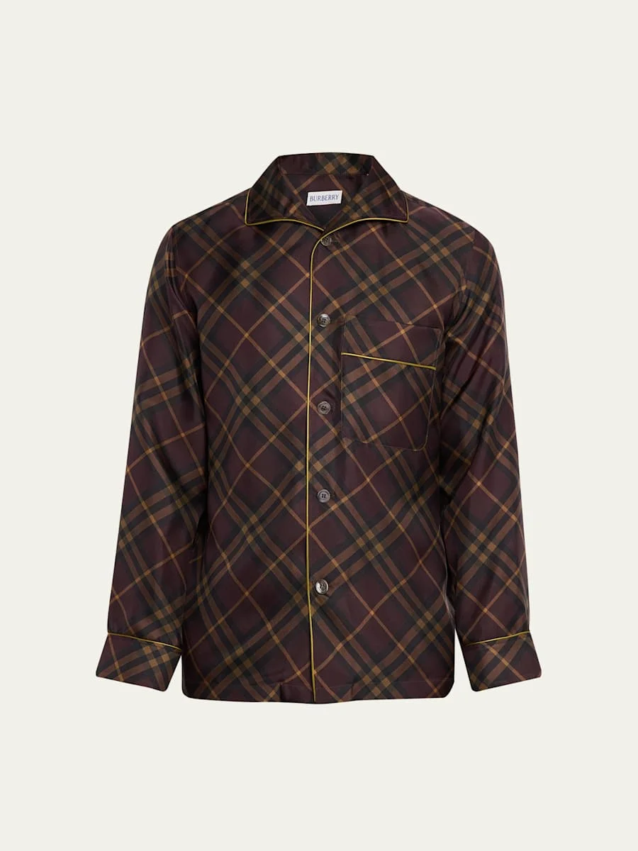Men's Check Silk Long-Sleeve Pajama Shirt - 1