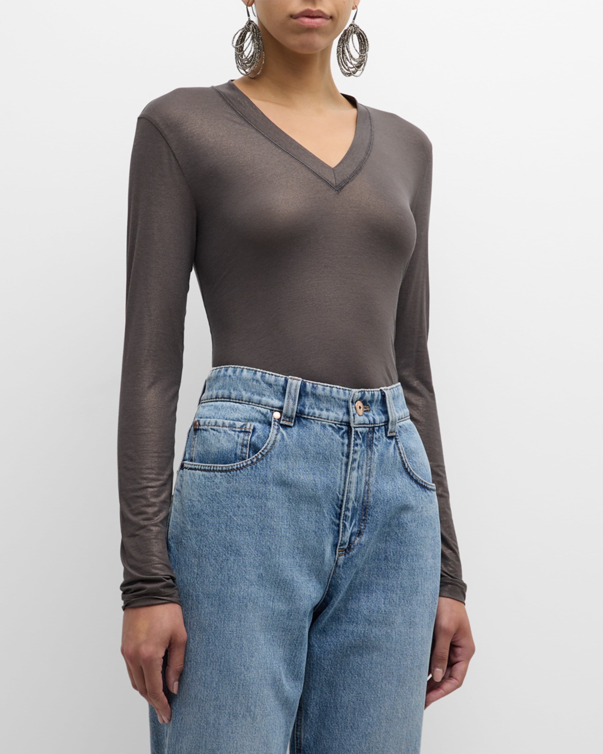 Monili V-Neck Long-Sleeve Lame Jersey Top - 2