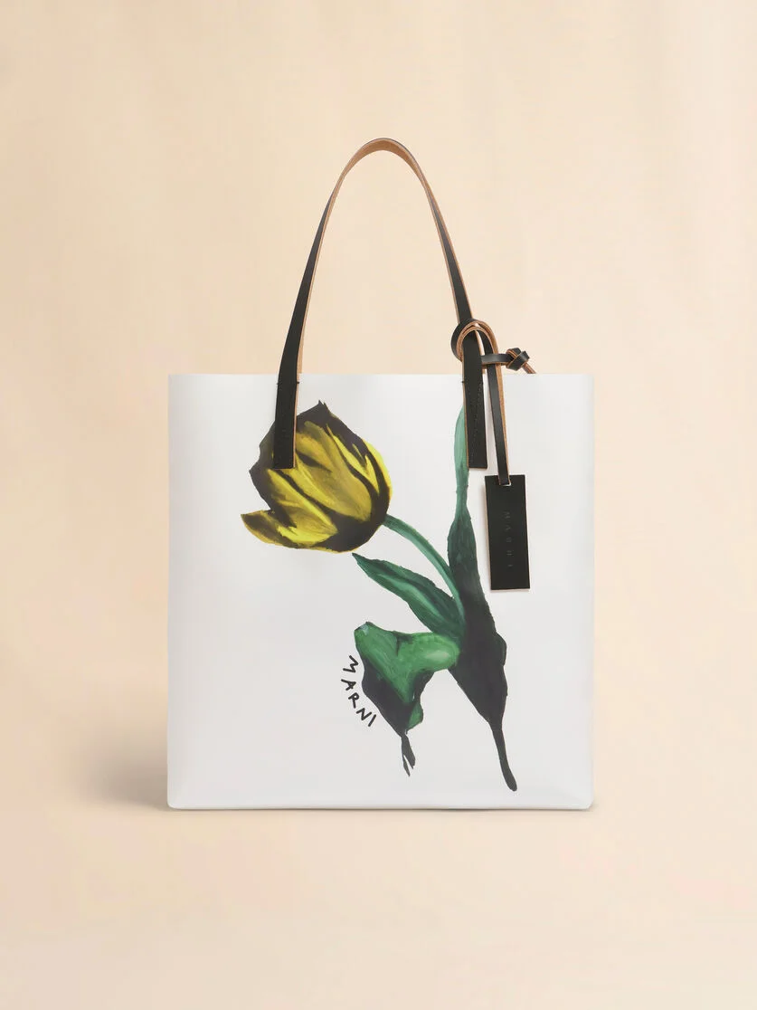 WHITE AND YELLOW FABRIC TRIBECA TOTE WITH TULIP PRINT - 1