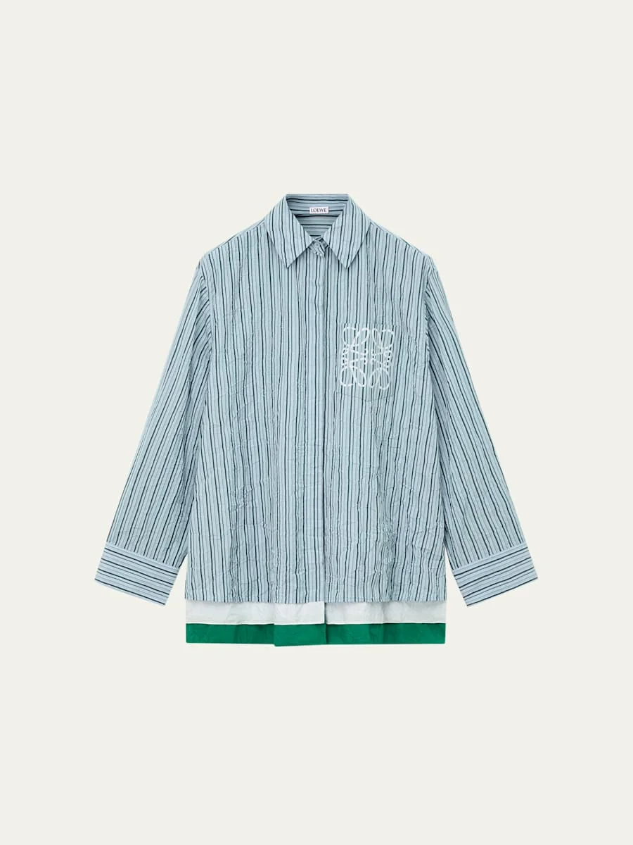 Striped Crinkled Cotton Button-Down Shirt - 1