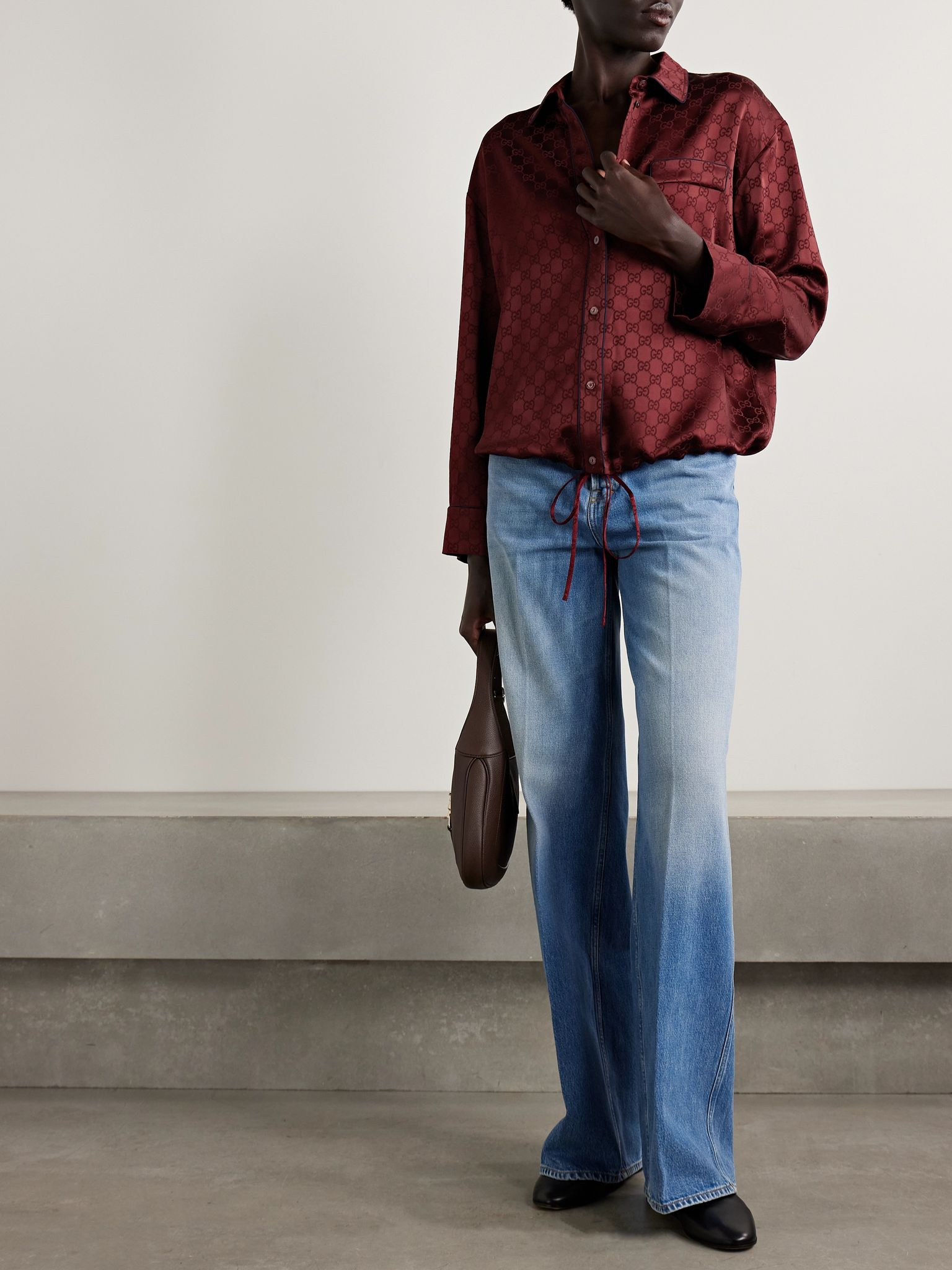 Tie-front satin-jacquard shirt Red - 2