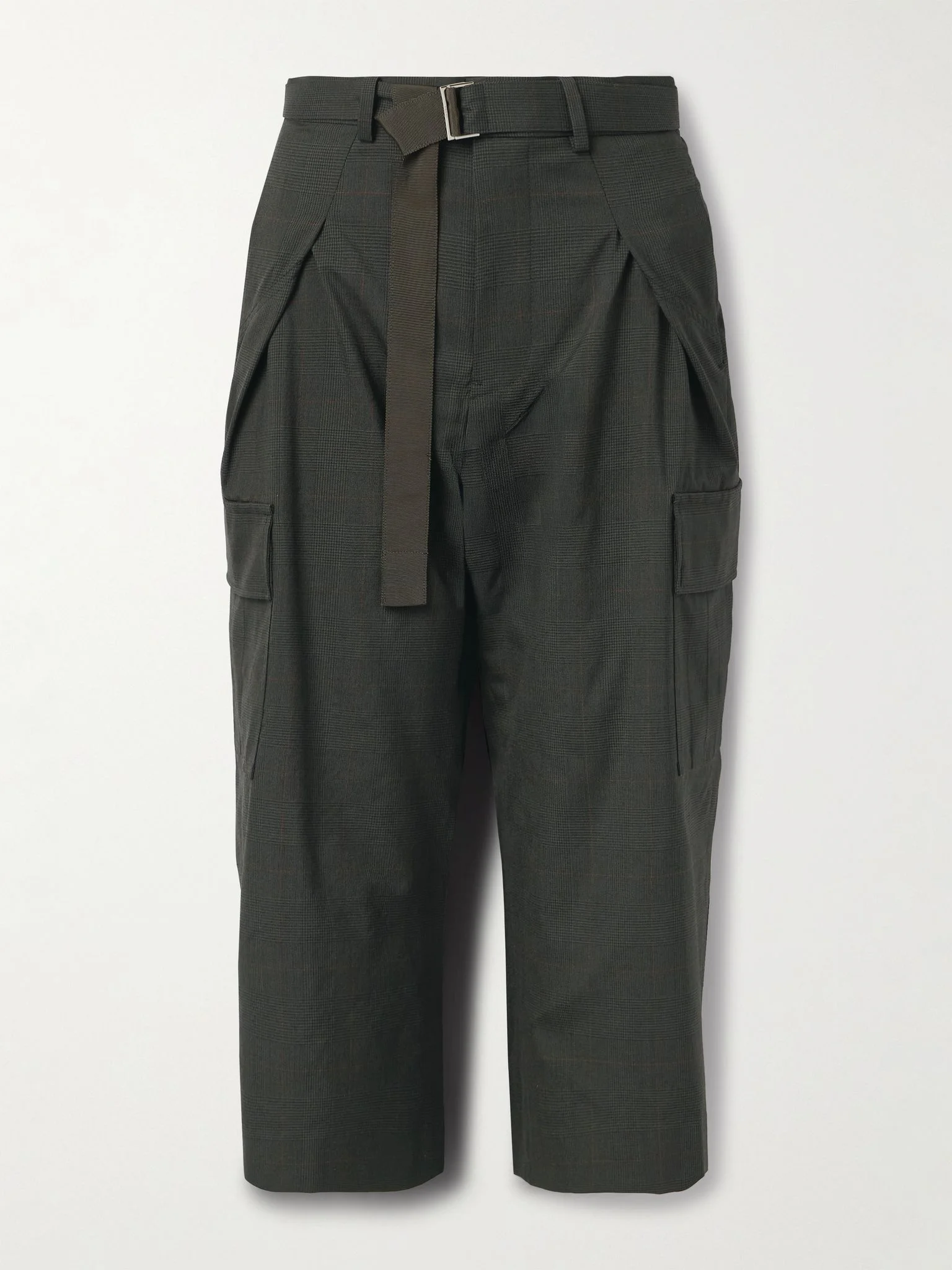 Cropped belted pleated Prince of Wales checked wool tapered pants Dark green - 1