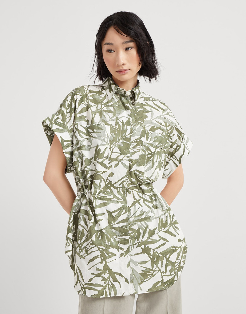 Cotton herbarium print poplin short sleeve shirt with shiny collar detail - 1