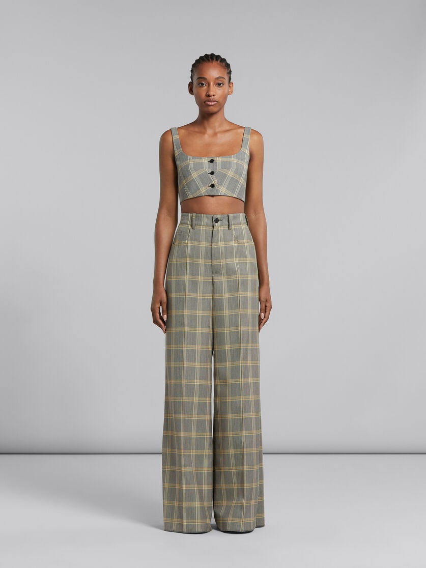 YELLOW CHECKED TECH WOOL PALAZZO TROUSERS - 2