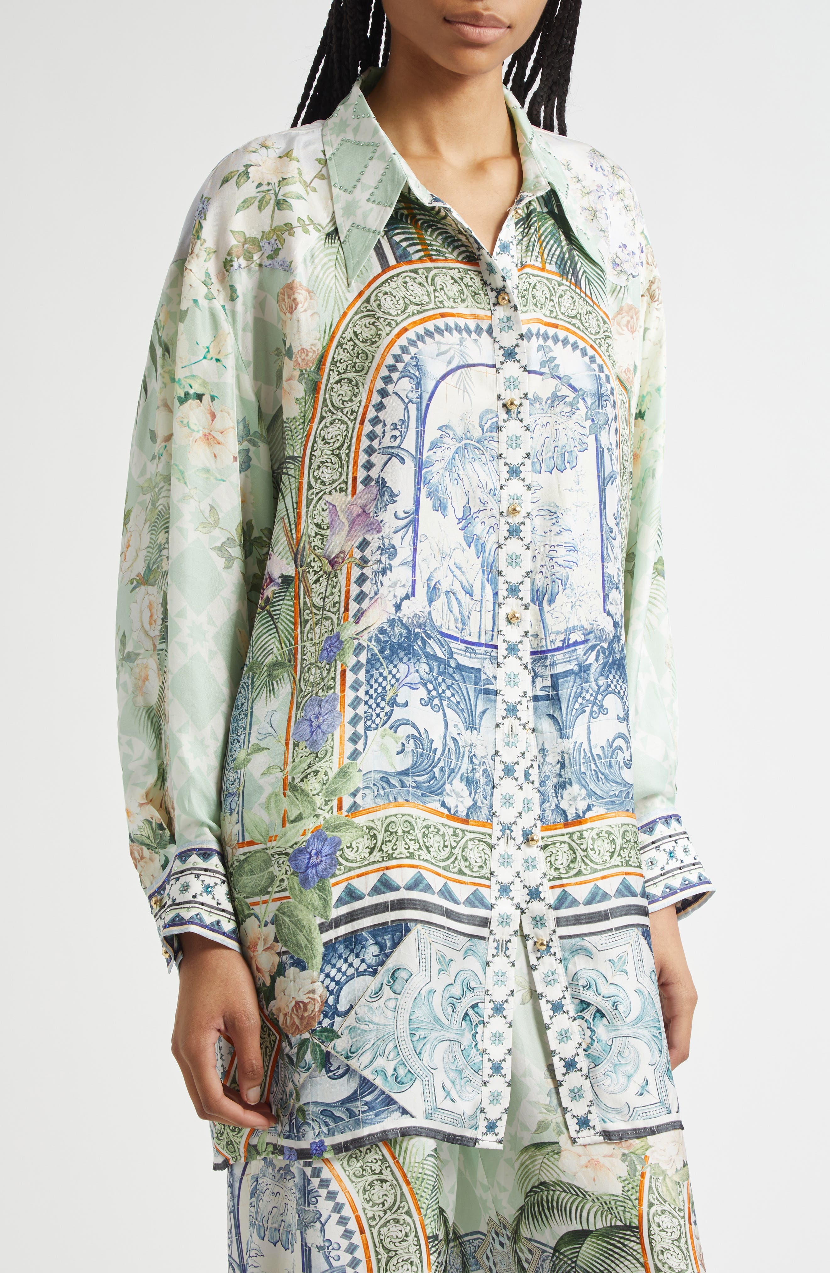 Camilla Long Sleeve Silk Shirtdress in Jardim Party at Nordstrom - 5