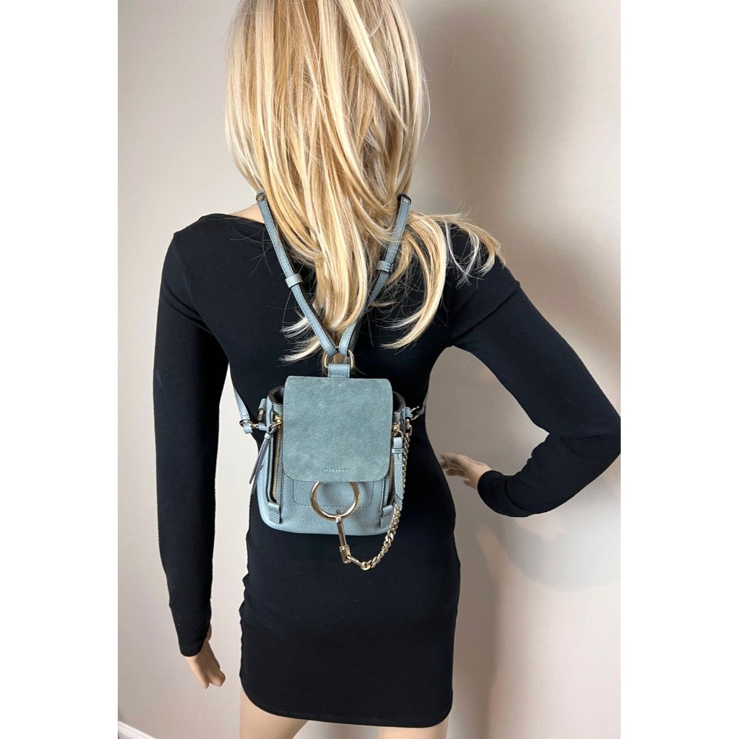 Chloe Blue Faye Mini Suede and Leather Backpack Bag - 6