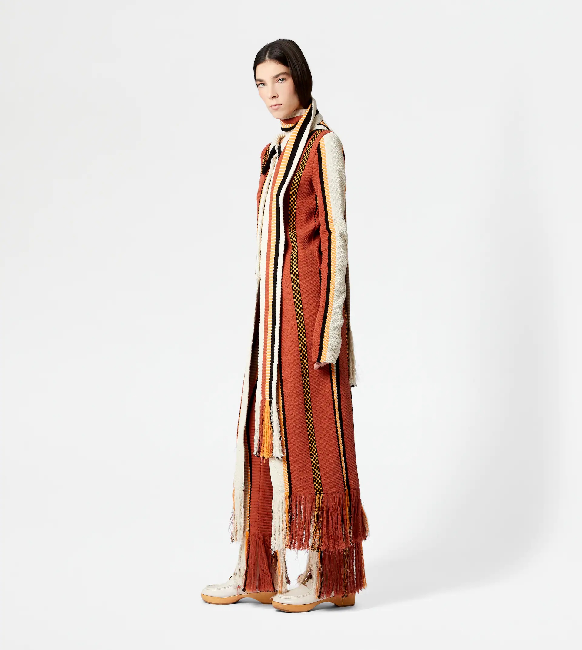 MAXI CARDIGAN IN COTTON WITH FRINGES - OFF WHITE, ORANGE, YELLOW - 4