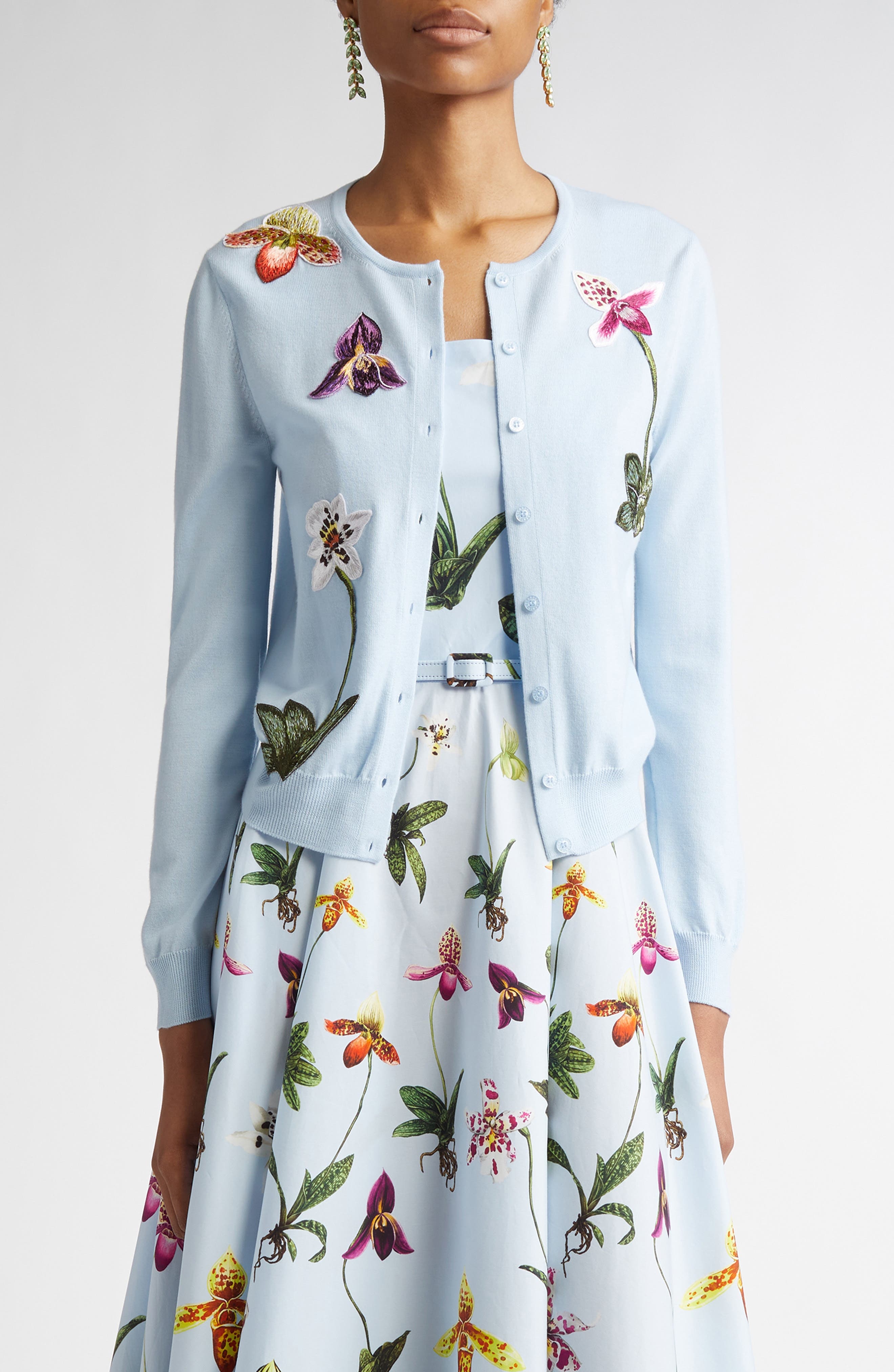 Oscar de la Renta Orchid Embroidered Virgin Wool Cardigan in Light Blue at Nordstrom - 1