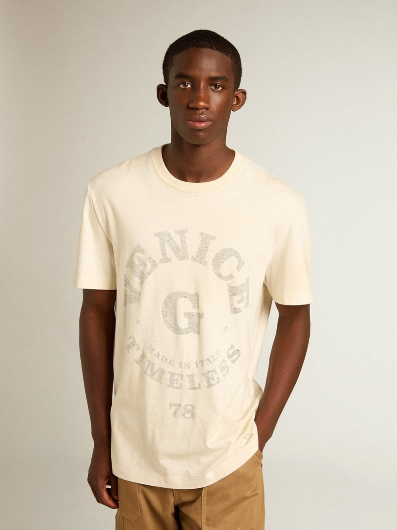 Men’s cotton T-shirt in aged white with faded lettering 5