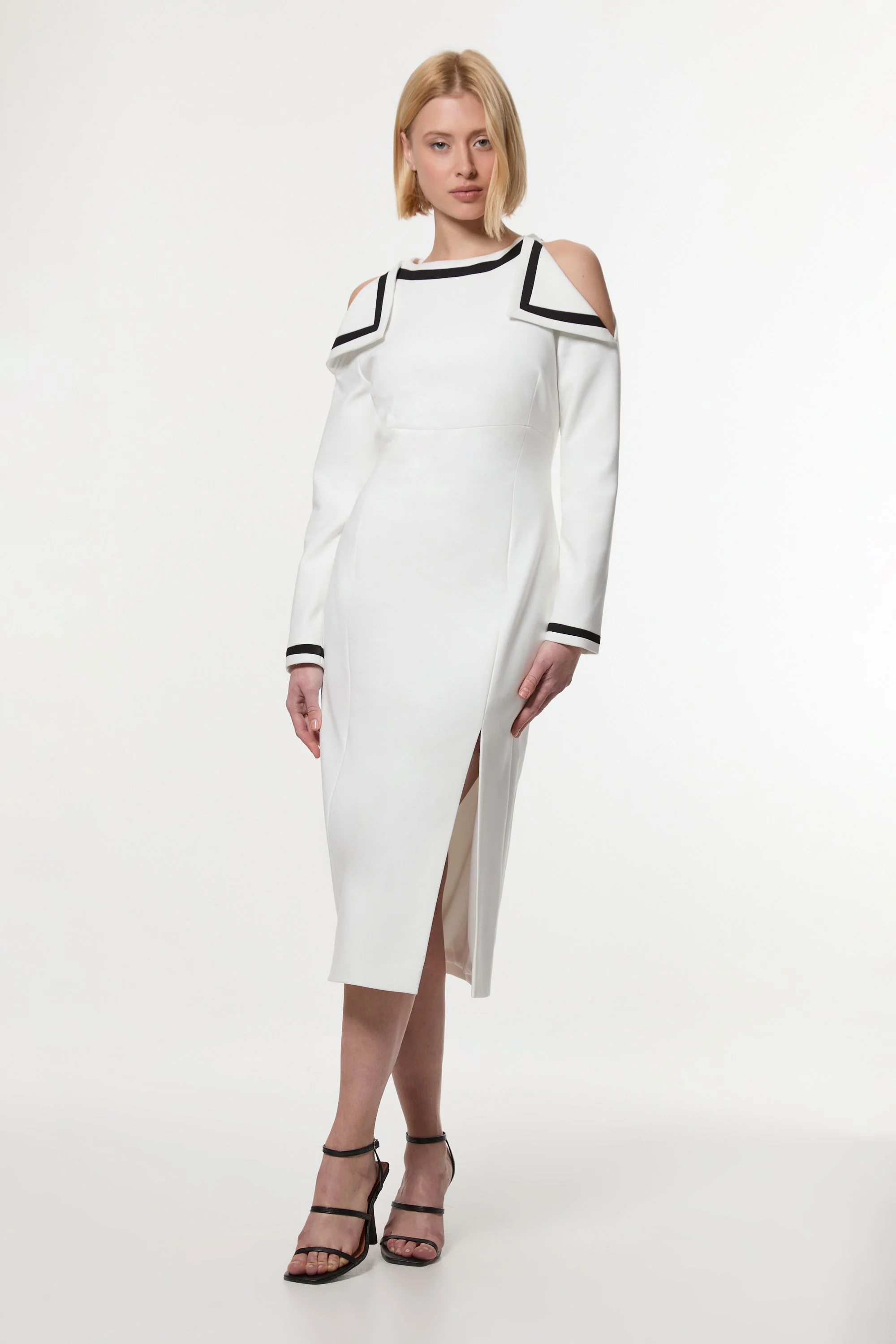 Compact Stretch Contrast Tipped Bardot Tailored Midi Dress - 1