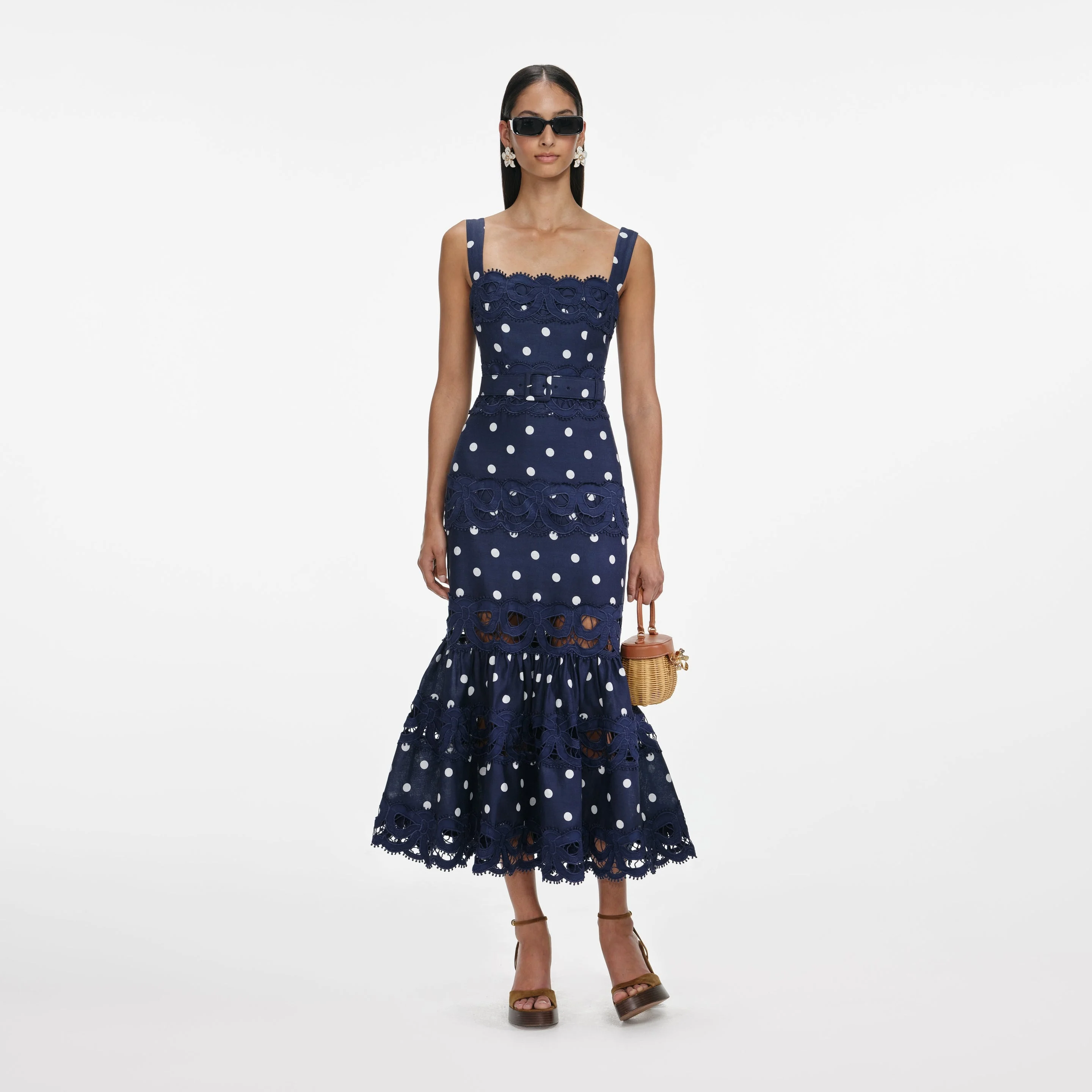 Navy Polka Dot Linen Midi Dress - 1