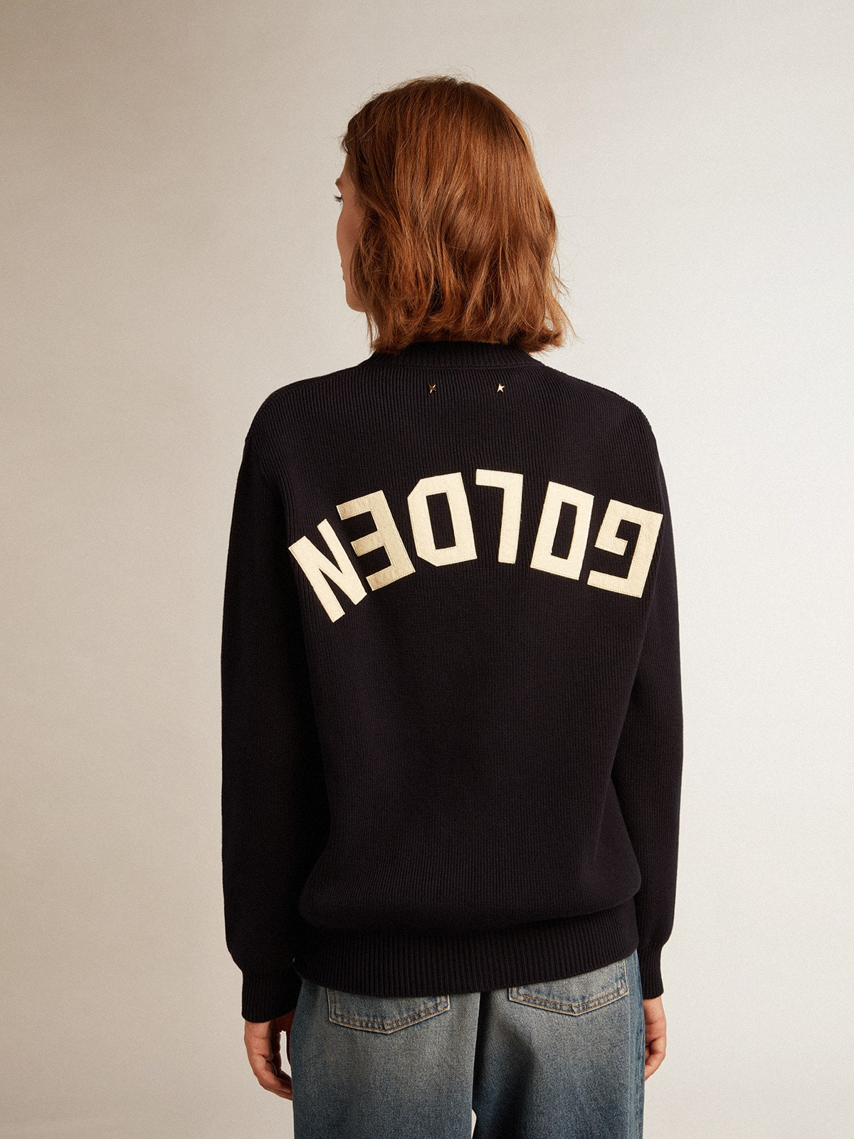 Women’s round-neck sweater in dark blue cotton with logo on the back - 4