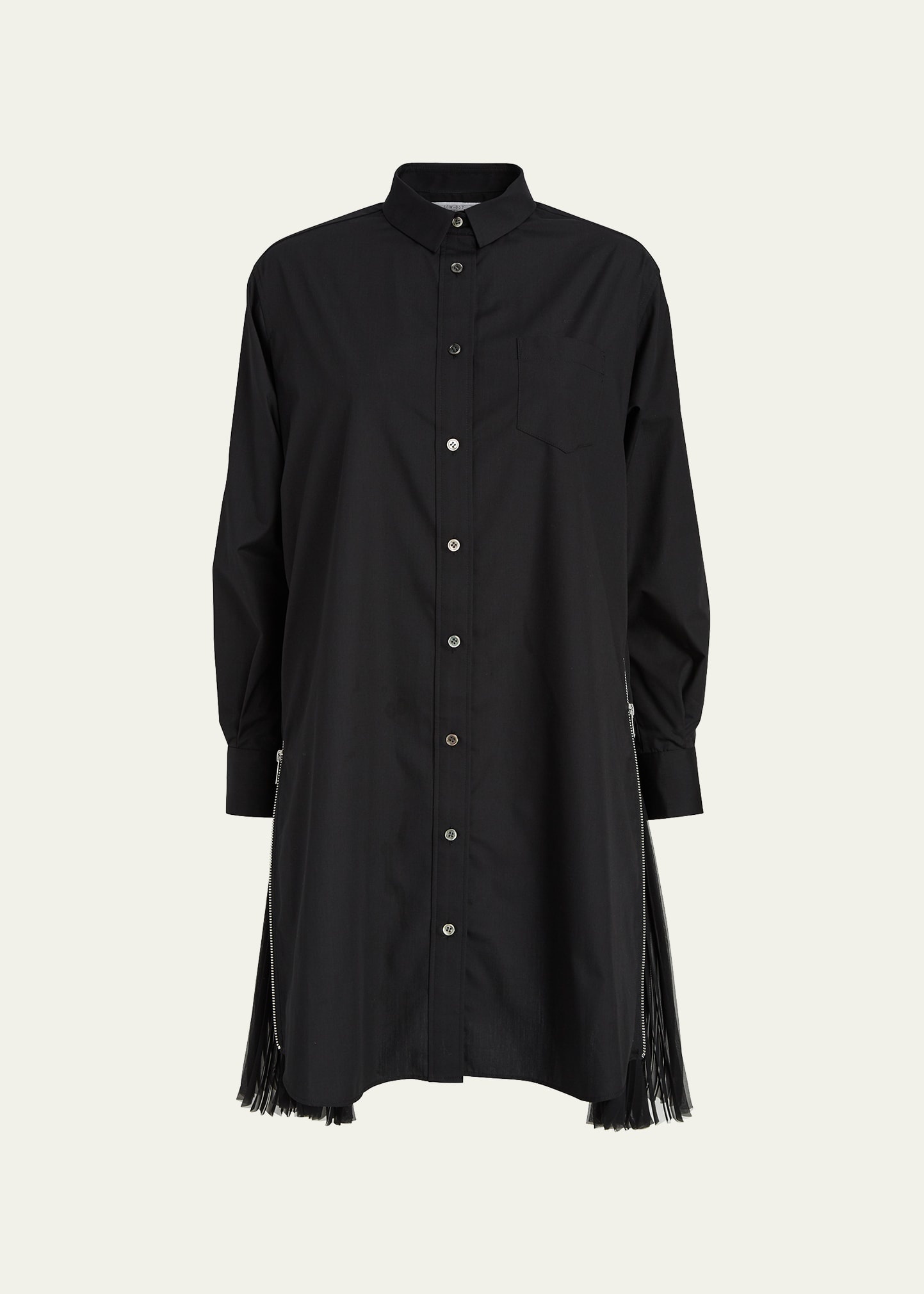 Pleated-Side Long Button-Front Shirtdress - 1