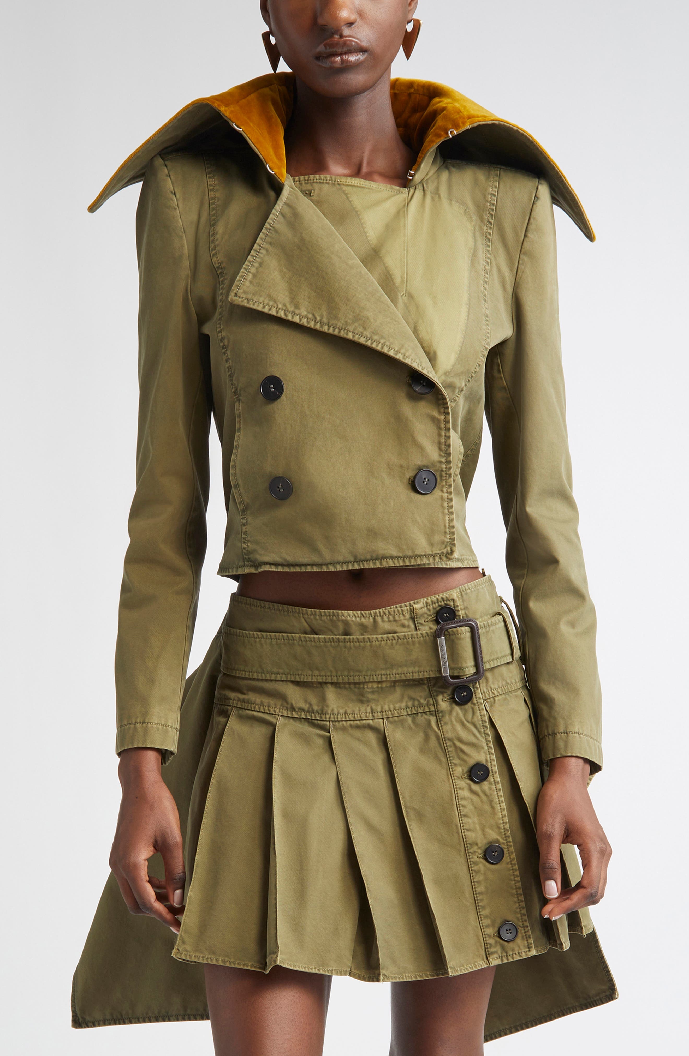 McQueen Velvet Collar Double Breasted Twill Peplum Jacket in Khaki at Nordstrom - 1
