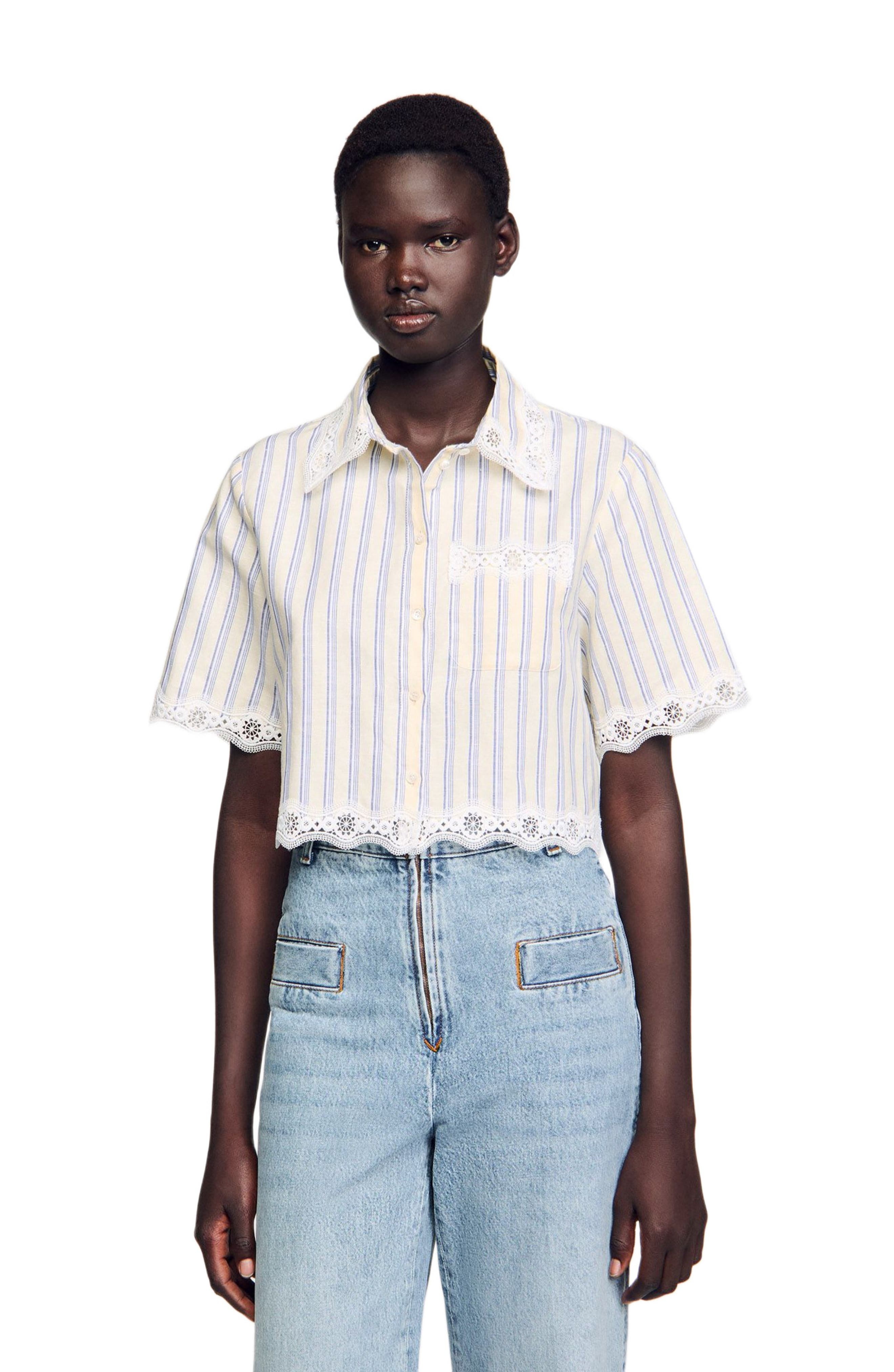 SANDRO Striped Cropped Shirt in Ecru /Jean at Nordstrom - 1