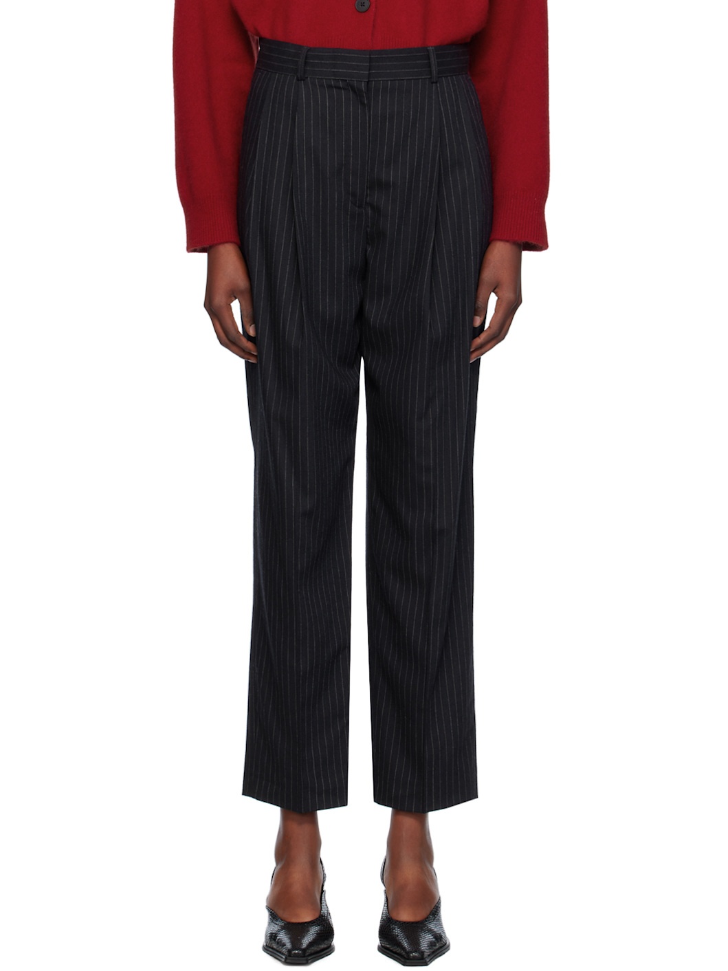 Navy Tailored Pinstriped Trousers - 1